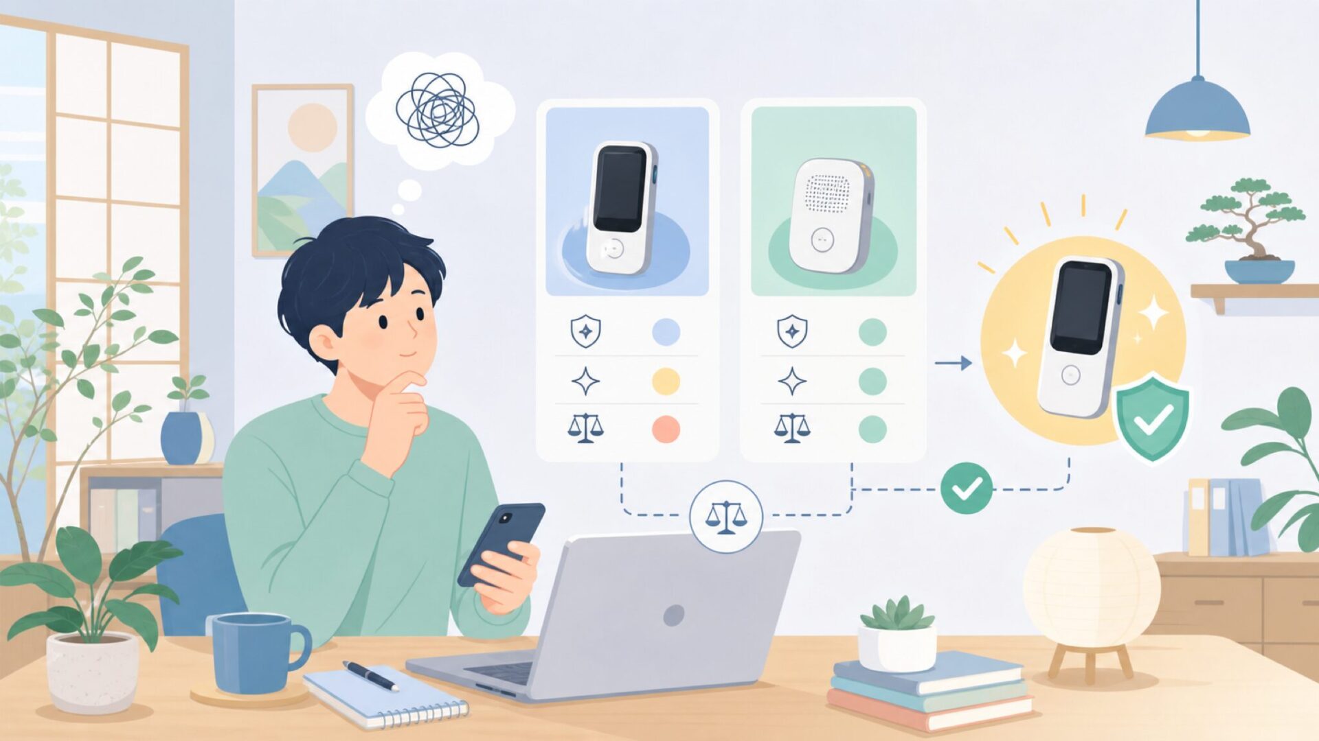 翻訳機「ポータブル翻訳機 DTA1」はポケトークと何が違うのかを表すイラスト