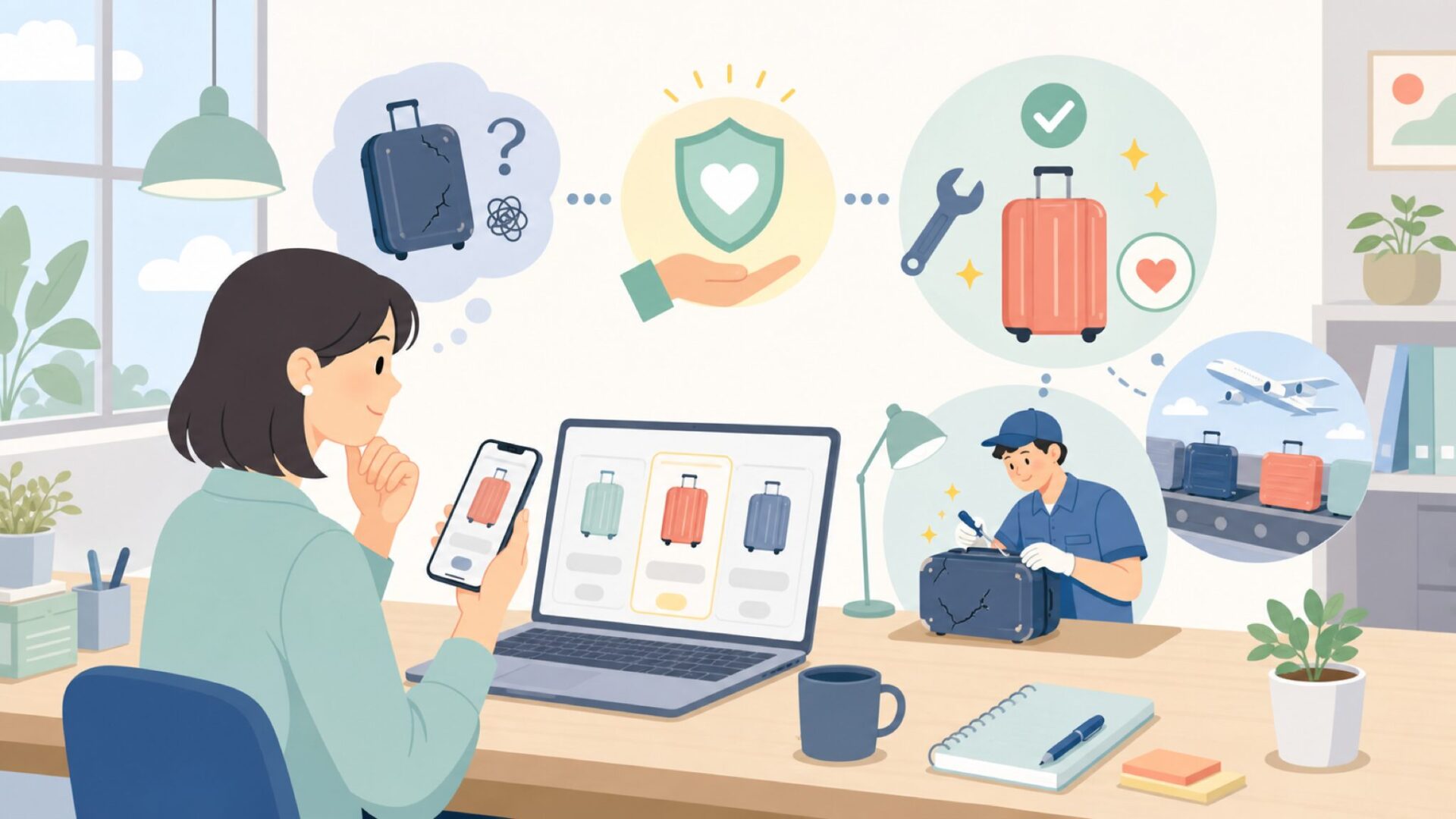価格を支える生涯保証──航空会社の破損まで無償修理を表すイラスト