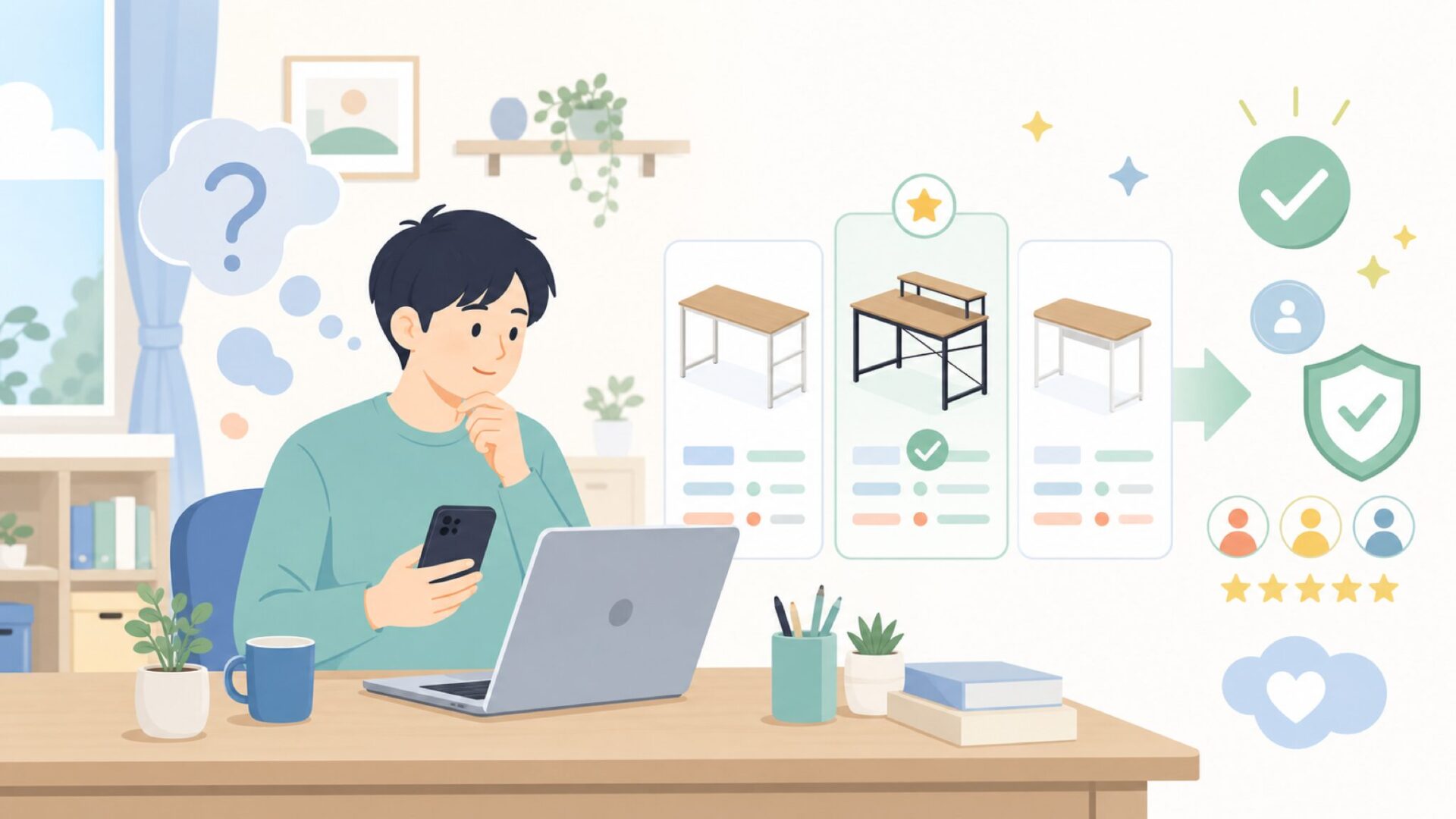 ComHomaのパソコンデスクを実際に使うとどうなの？を表すイラスト