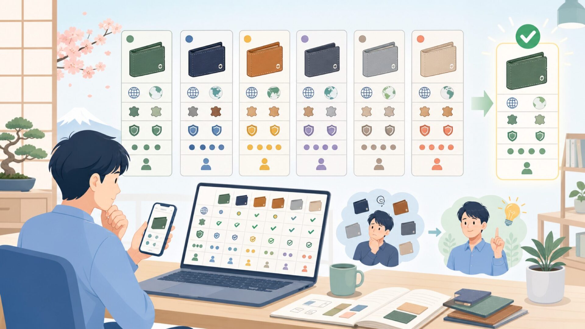 Leatharioと同価格帯ブランドを徹底比較——あなたに合う一本はどれ？を表すイラスト