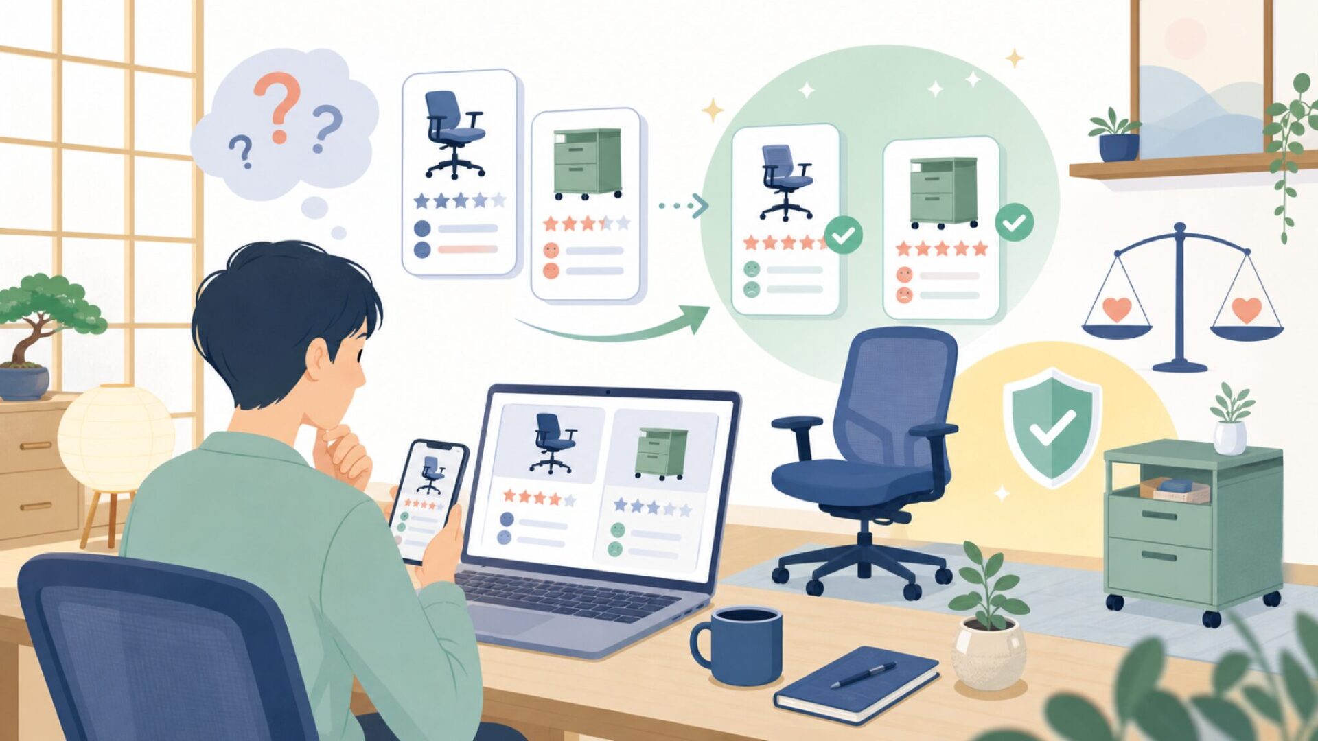 オフィスチェアとワゴンの評判はどう？を表すイラスト
