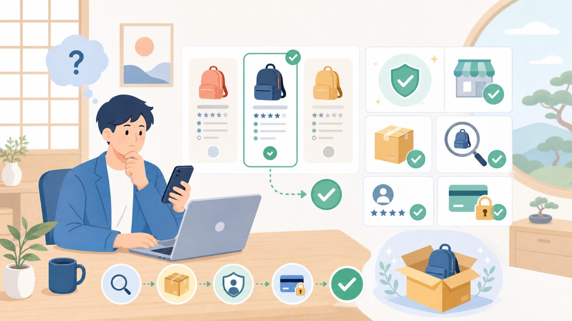 Amazon購入前に知っておきたい選び方とチェックポイントを表すイラスト