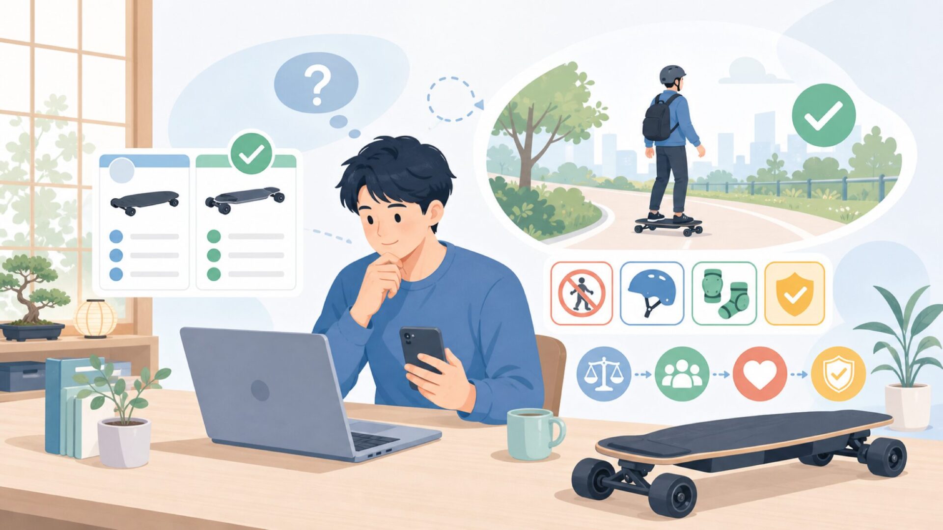 日本でTeamgeeの電動スケートボードは乗れる？法律と安全な楽しみ方を表すイラスト
