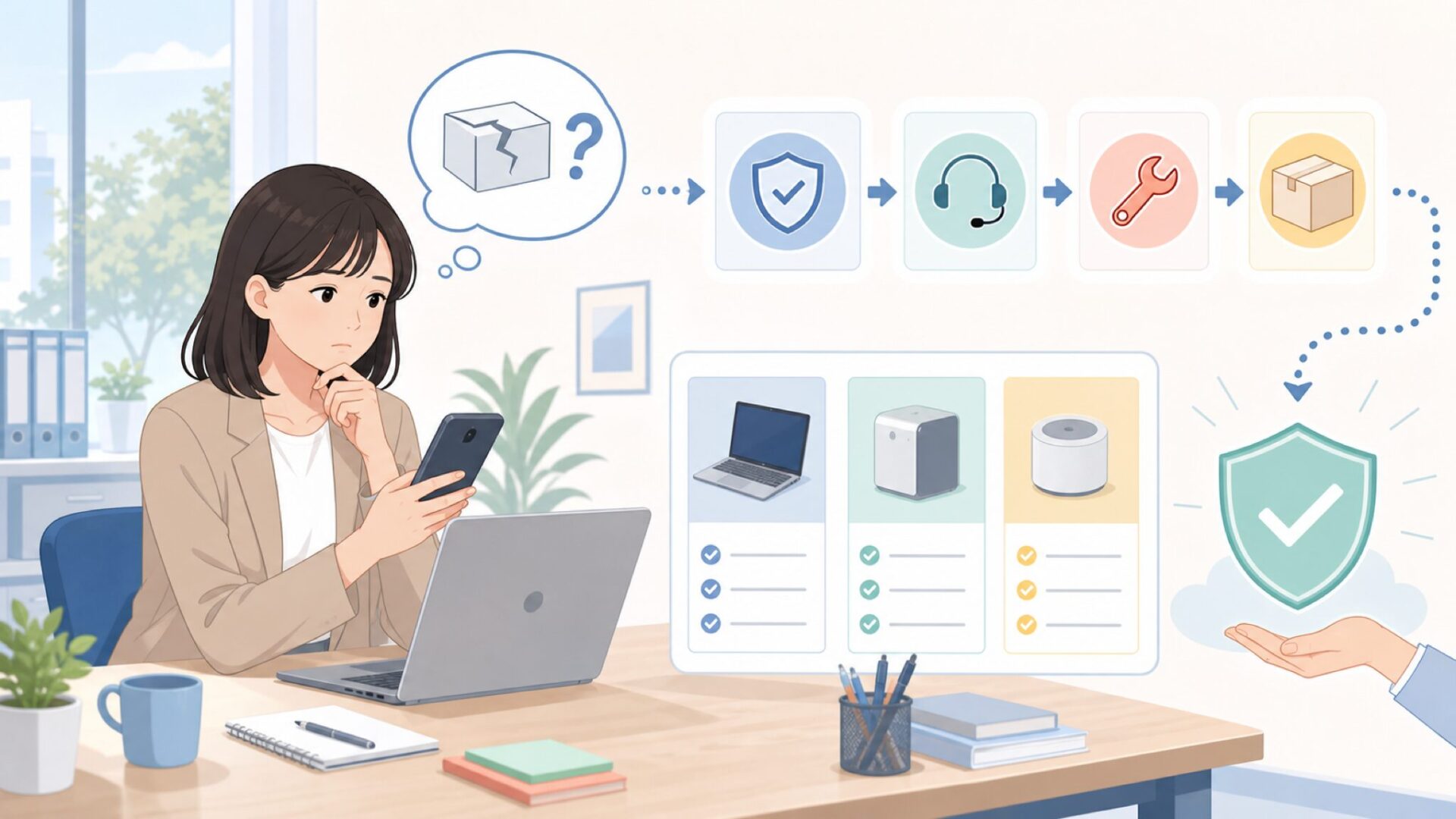 アフターサポートと保証体制──購入後のリスクを具体的に確認するを表すイラスト