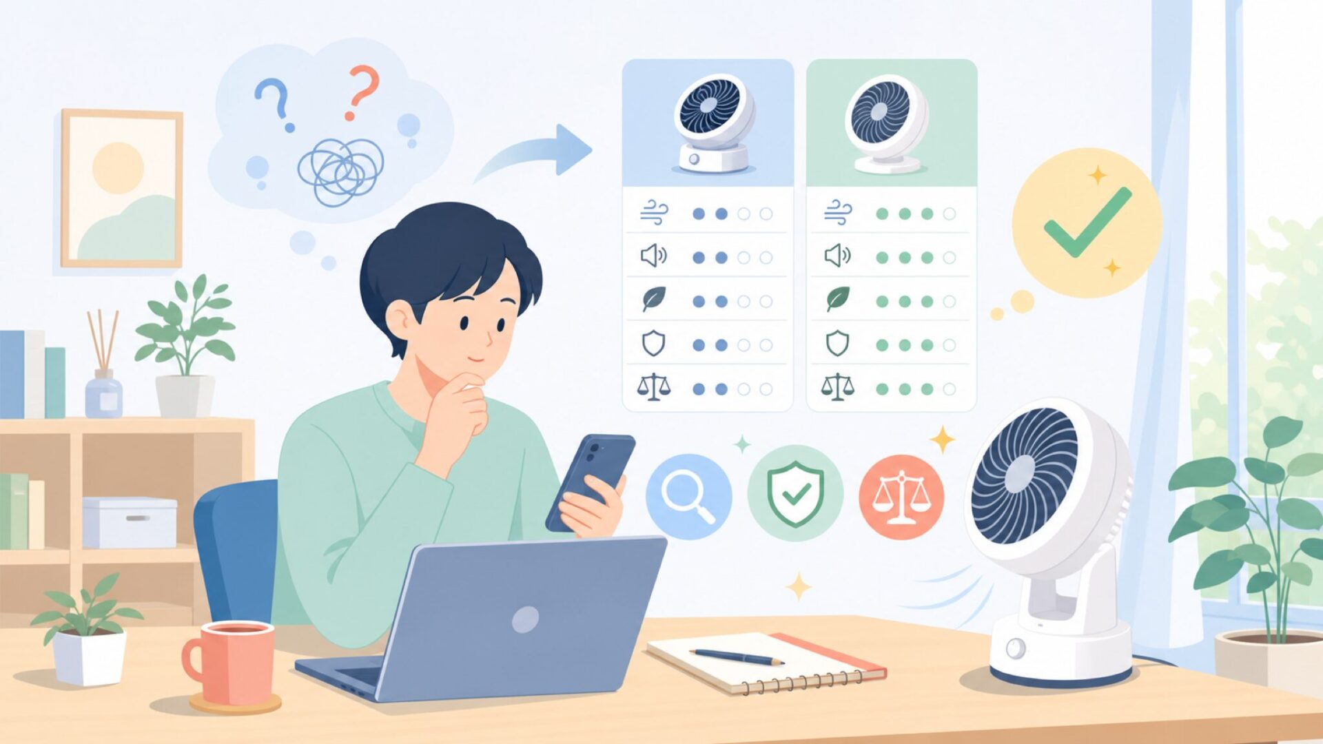 MYCARBONサーキュレーターの実力を客観的に評価するを表すイラスト
