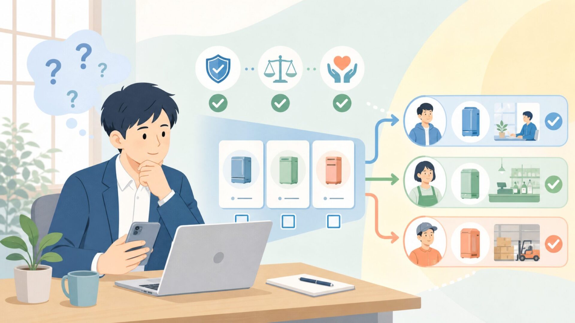 MulWarkの製品ラインと向いている人を表すイラスト