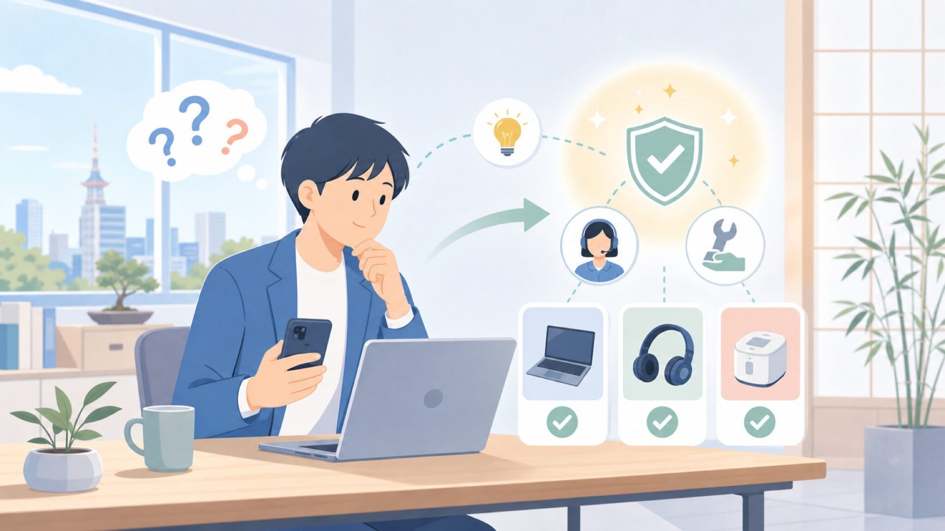 故障しても安心？保証と日本語サポートの実力を表すイラスト