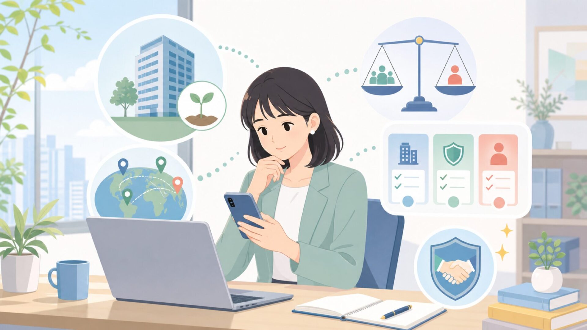 社名の由来と海外との関係｜取引・応募前に押さえる視点を表すイラスト