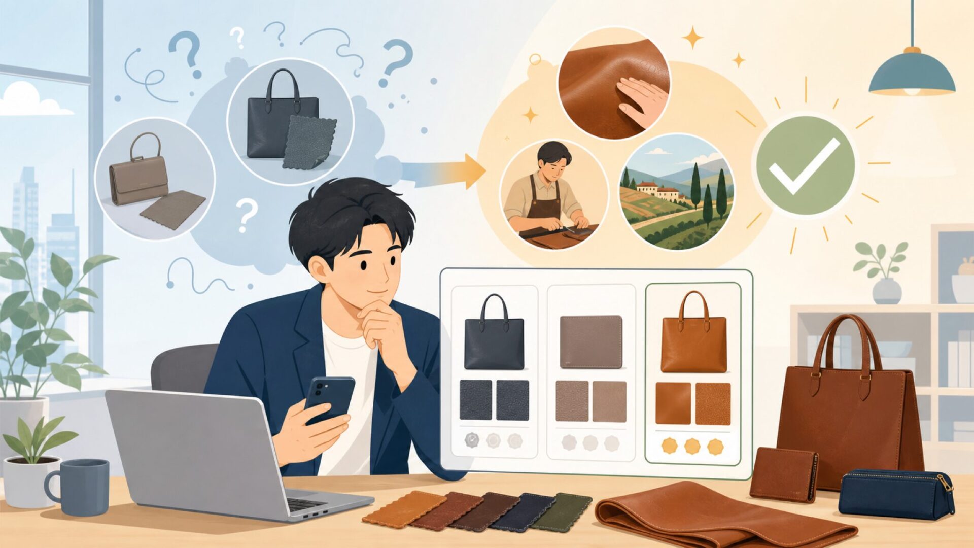 イタリア製本革の価値——「MADE IN ITALY」が意味するものを表すイラスト