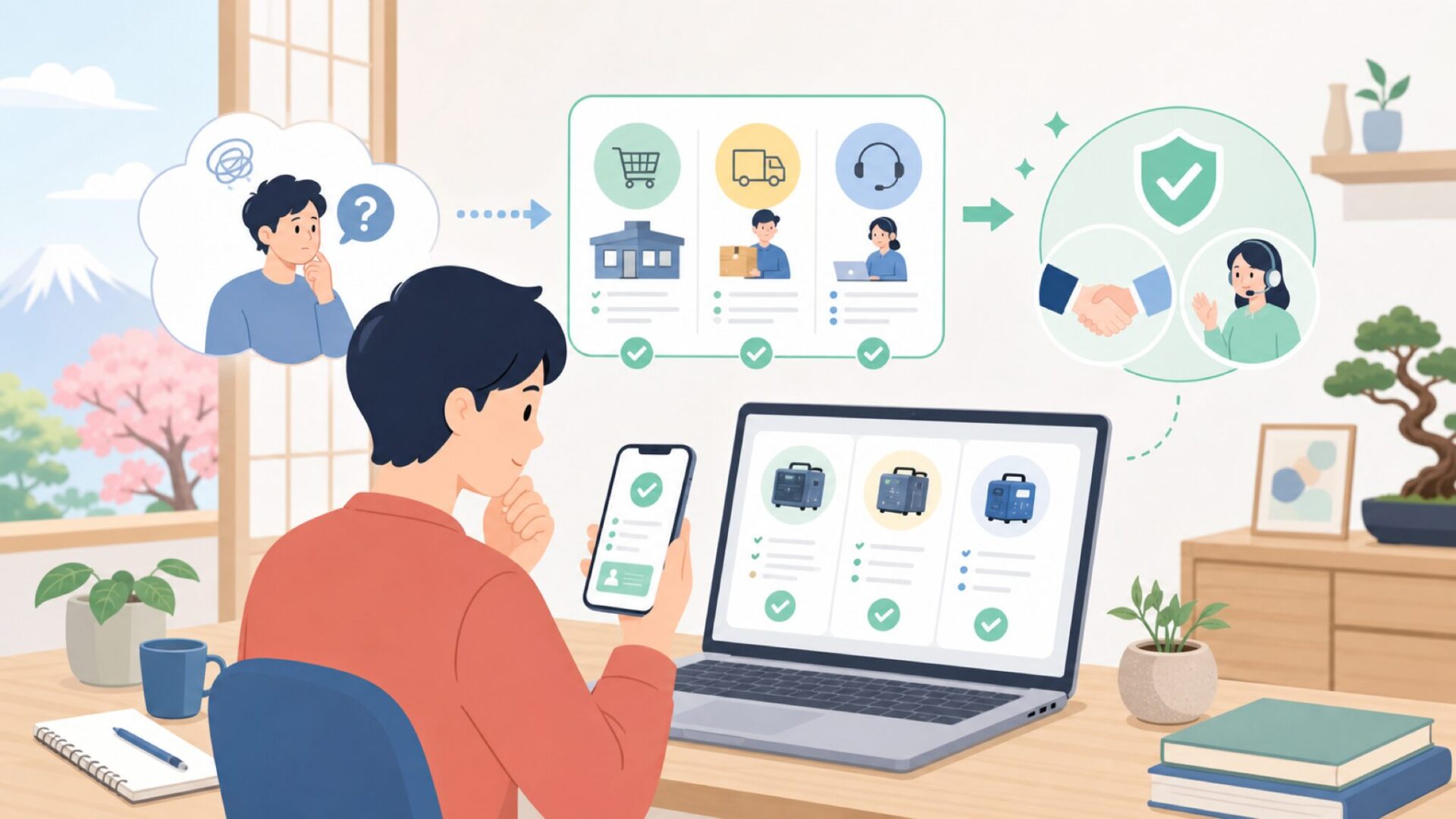 日本でGYS製品を買いサポートを受ける方法を表すイラスト