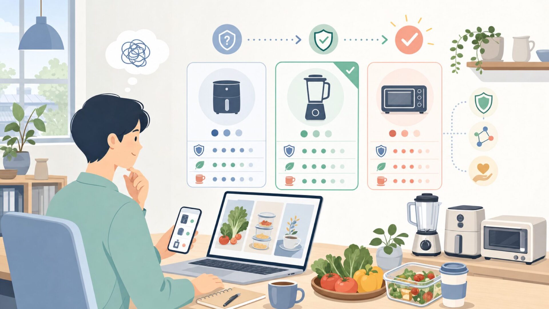 Bonsenkitchenの代表商品と使い勝手をチェックを表すイラスト