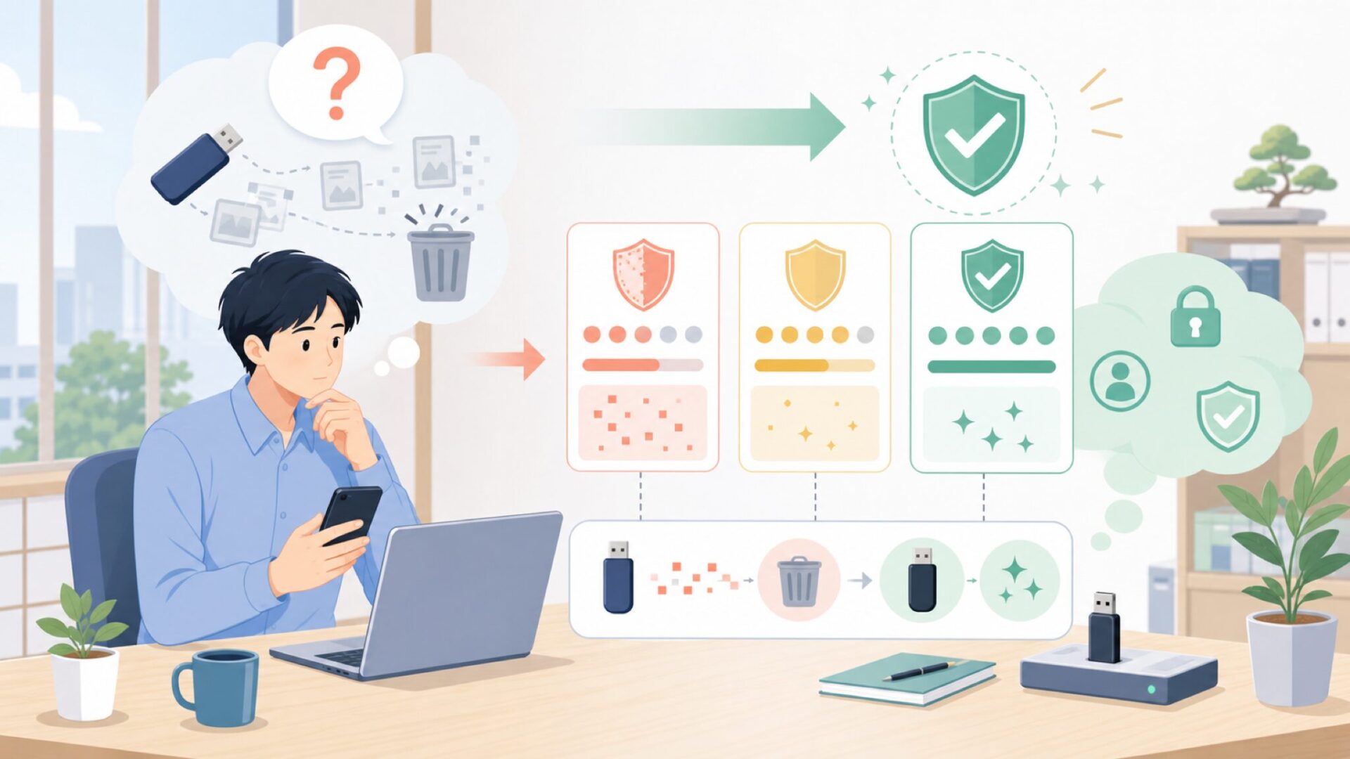 Redkey USBの消去性能は本当に信頼できるのかを表すイラスト