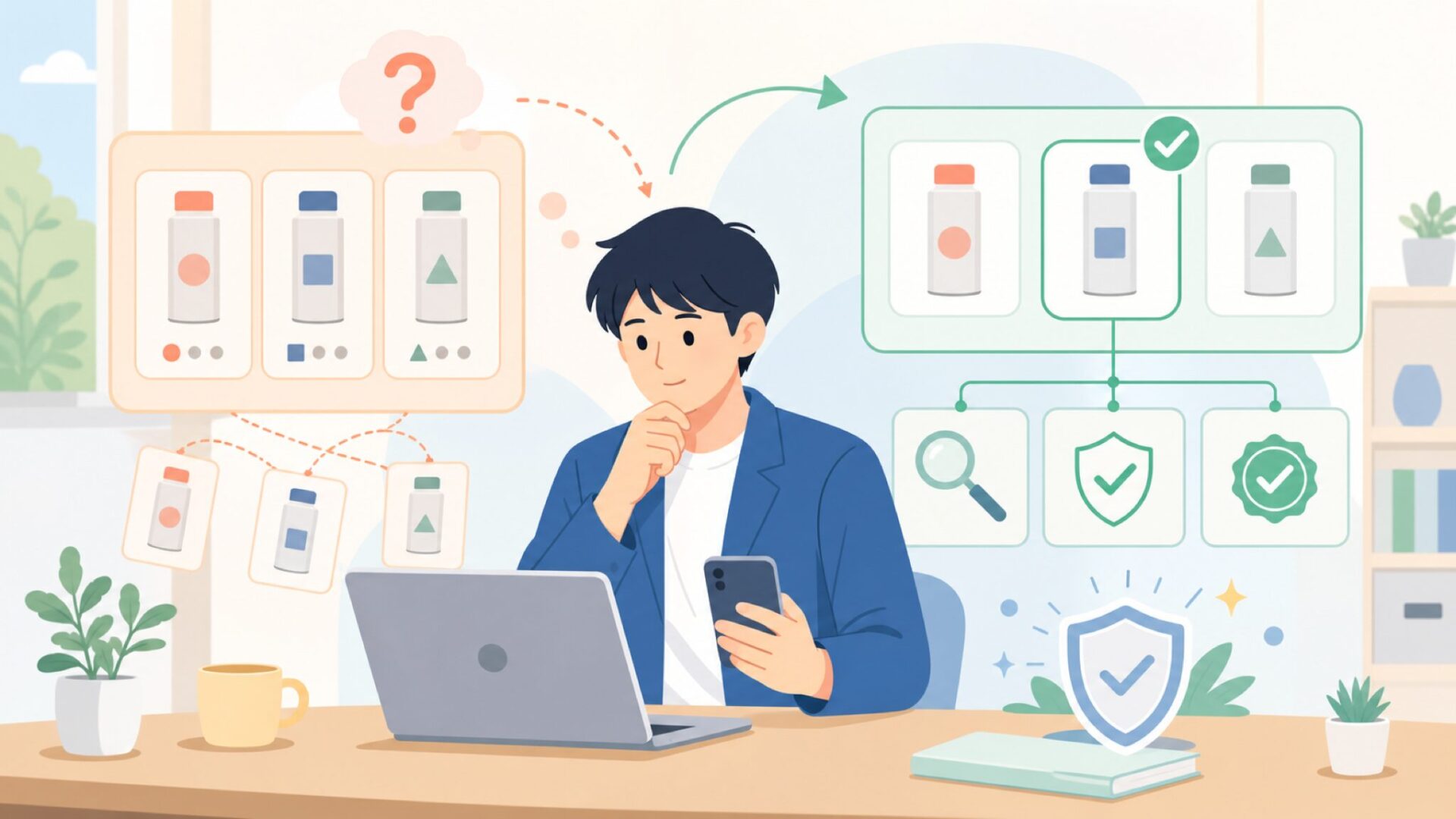 同名製品との混同を解いて、後悔しない購入判断をを表すイラスト