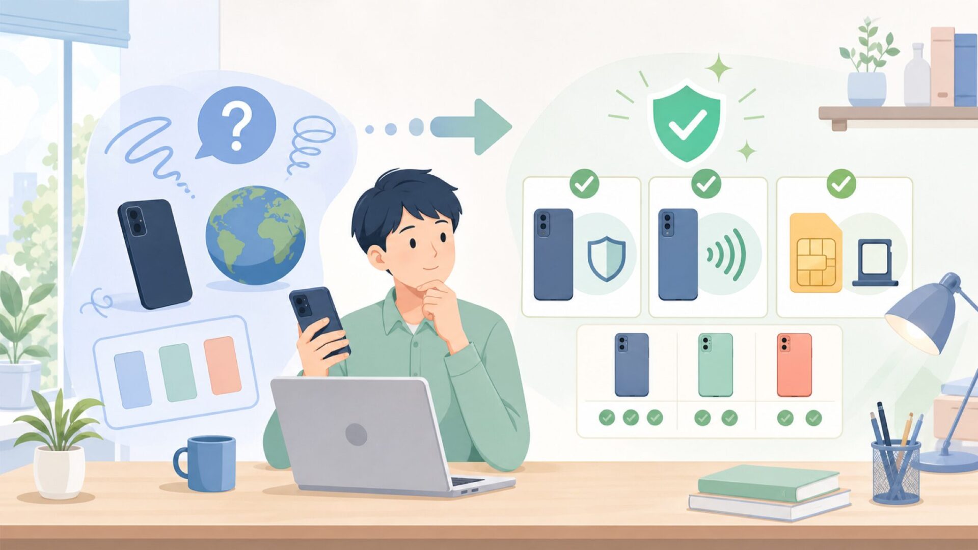 iiiF150は日本で問題なく使える？技適・対応バンド・SIMを表すイラスト