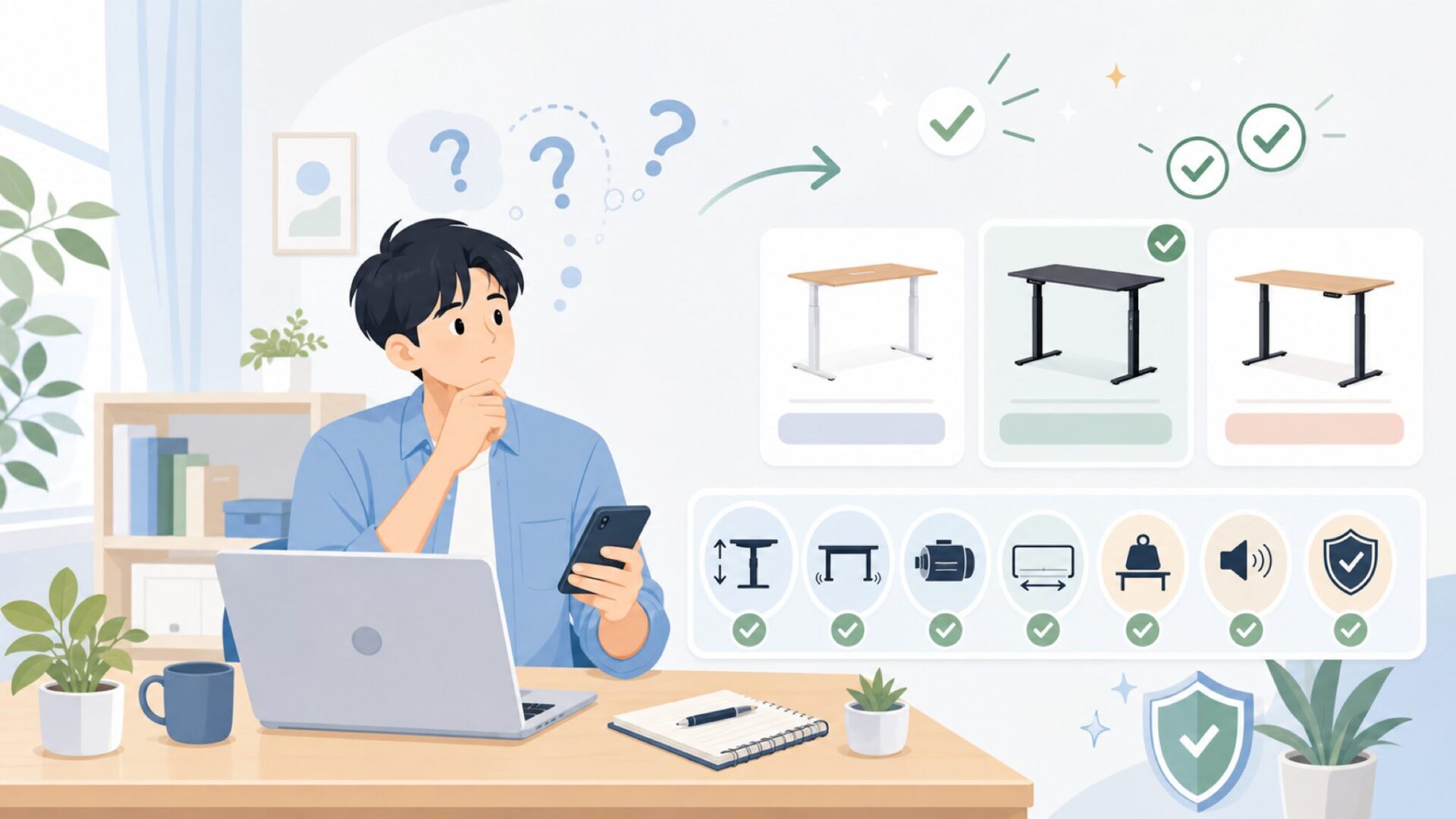 格安電動昇降デスクで必ずチェックすべきスペックを表すイラスト