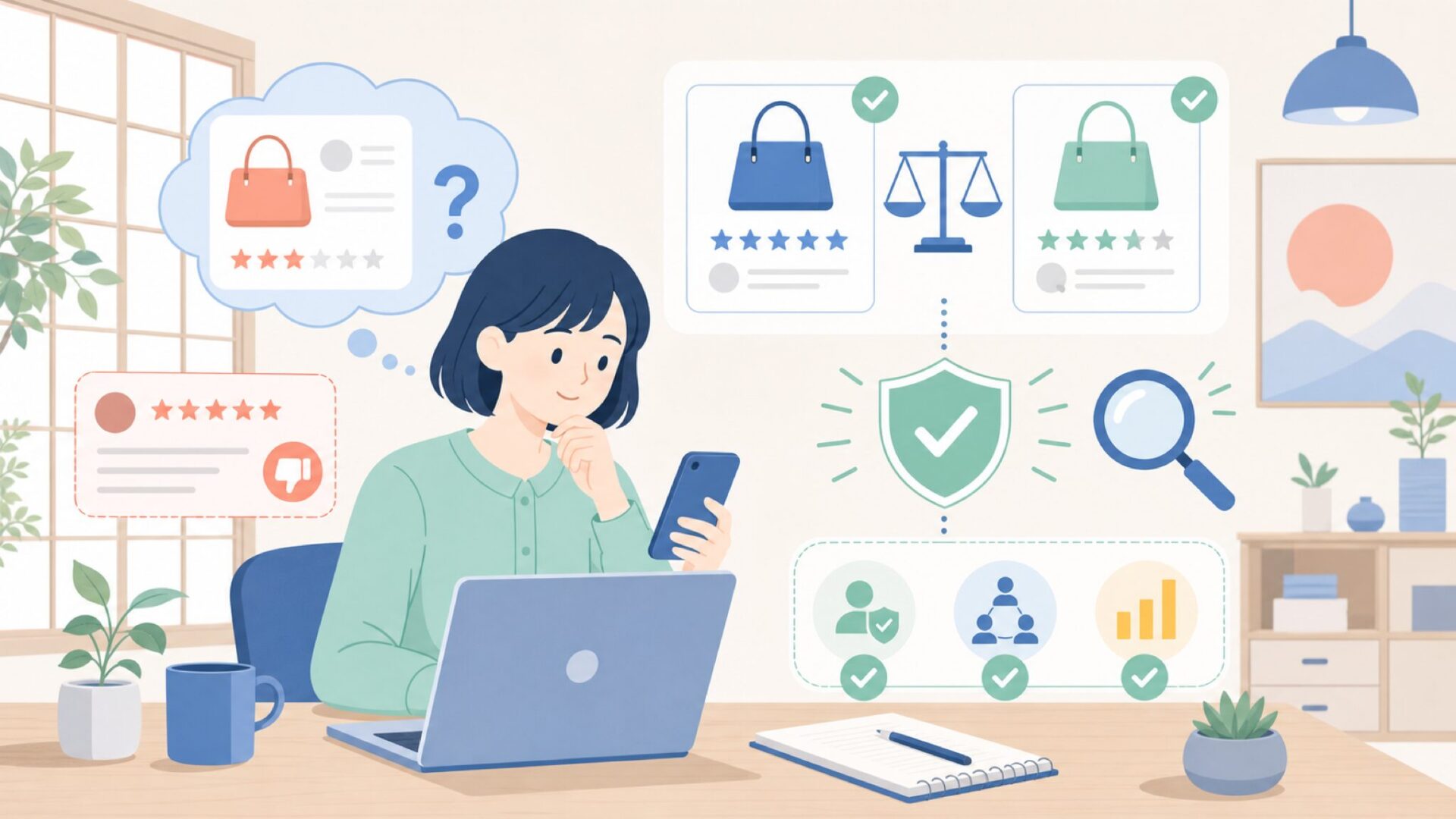 Athomのレビューはサクラ？やらせを見極める3つの方法を表すイラスト