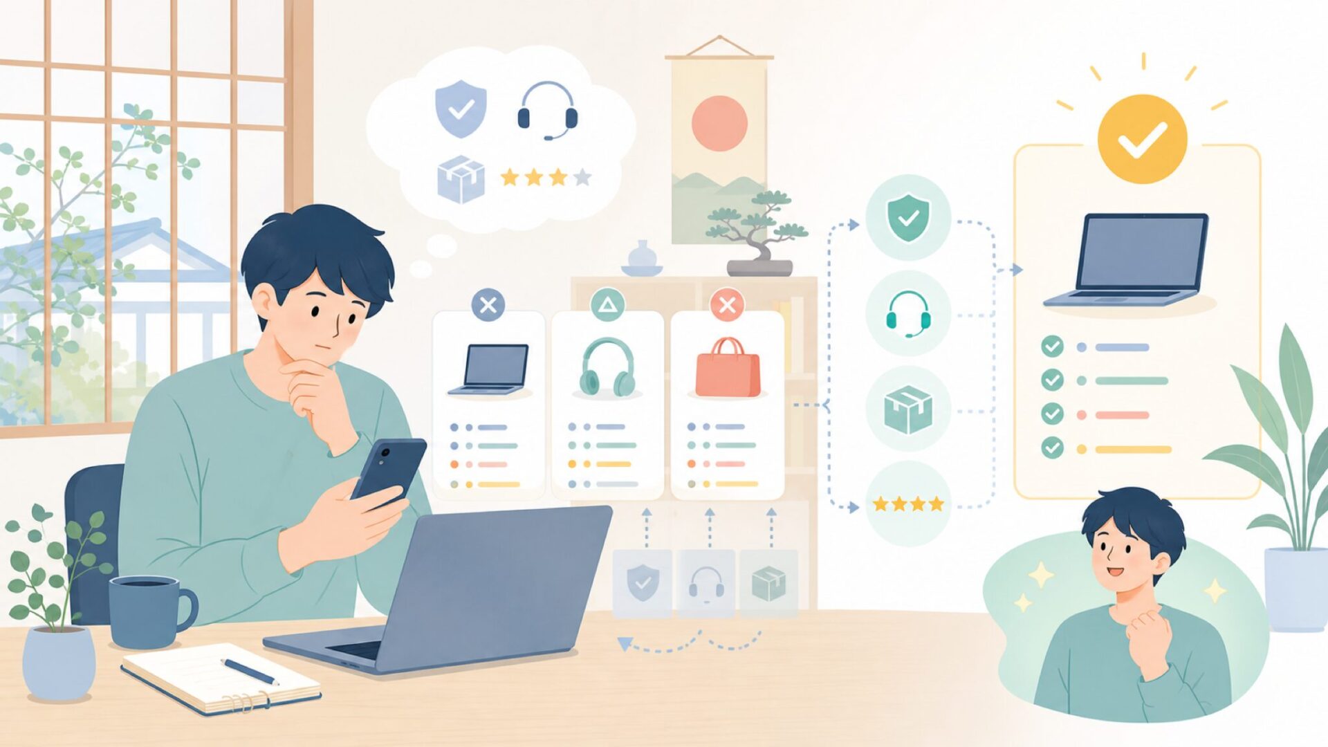 日本での購入方法・保証・口コミから見える信頼度を表すイラスト