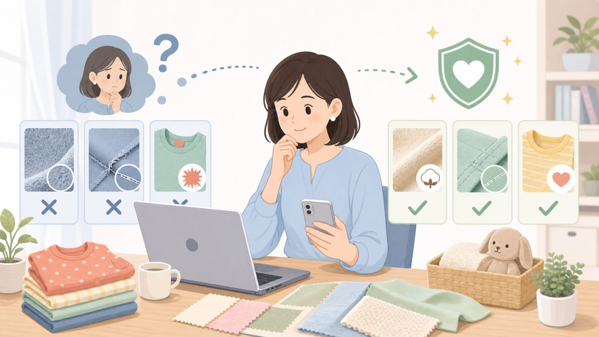 子供に着せて大丈夫？素材・縫製・安全性をチェックを表すイラスト