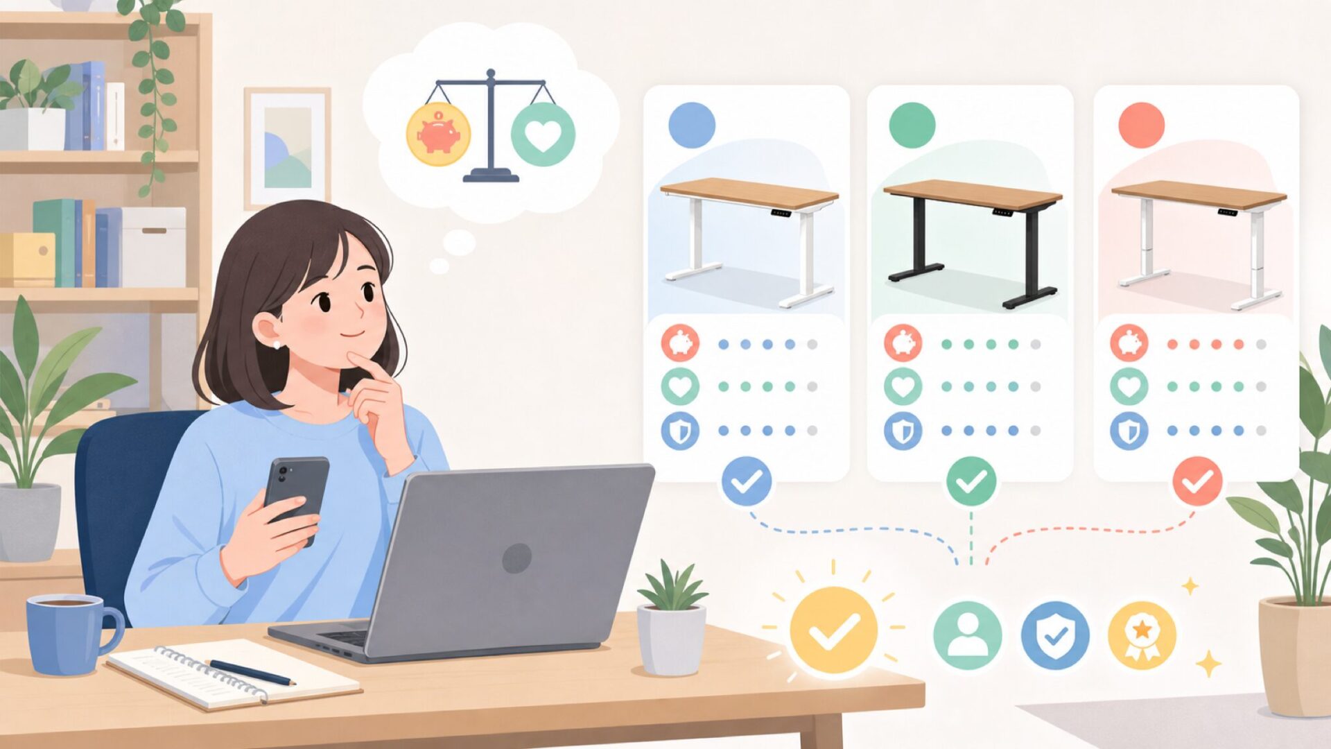 FLEXISPOT・SANODESKと比べてDripexはどう？コスパ比較を表すイラスト