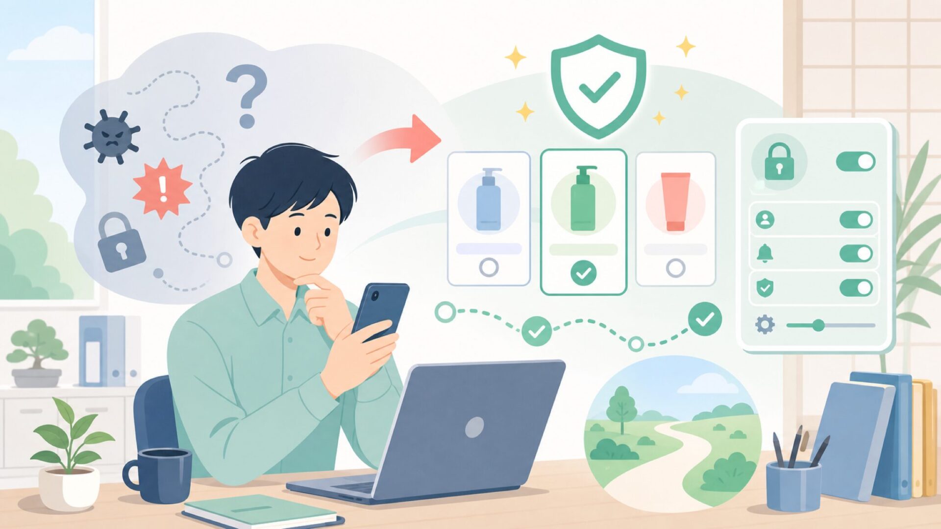 PONAOOを安全に使うための具体的な対策を表すイラスト