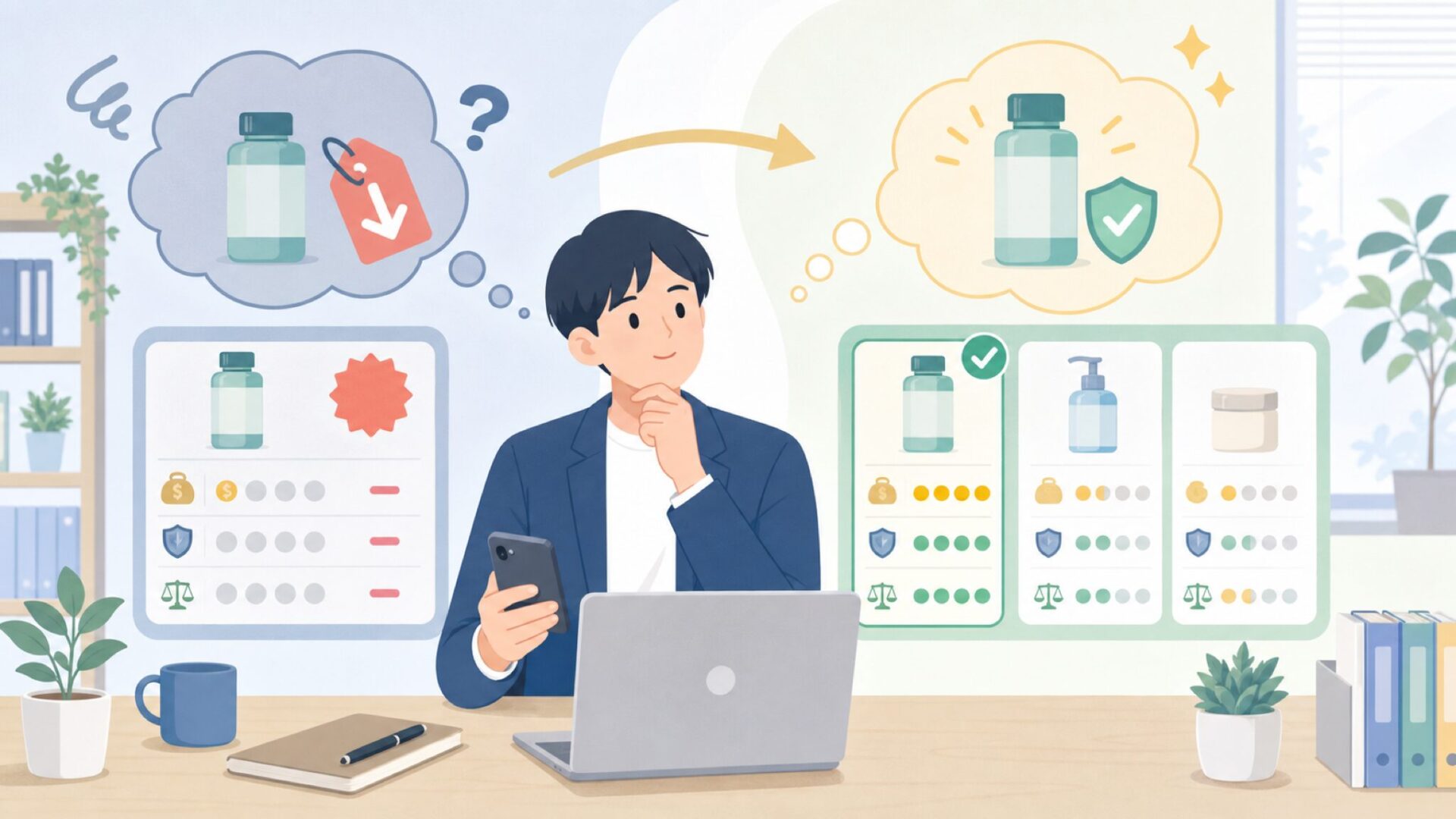 安すぎて怪しい？価格・コスパと安全性の判断軸を表すイラスト
