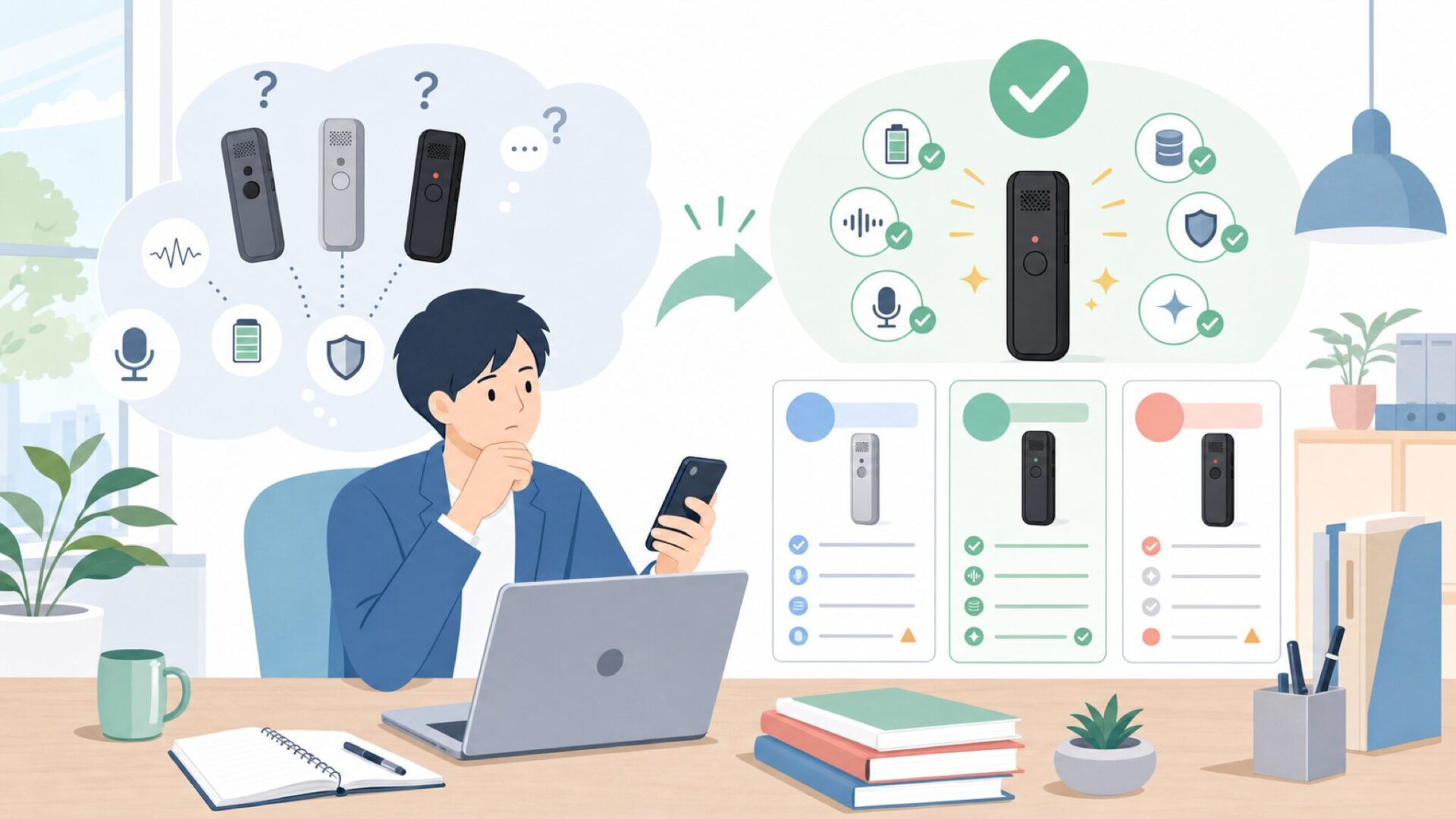 TDWボイスレコーダーの実力をスペックで評価するを表すイラスト