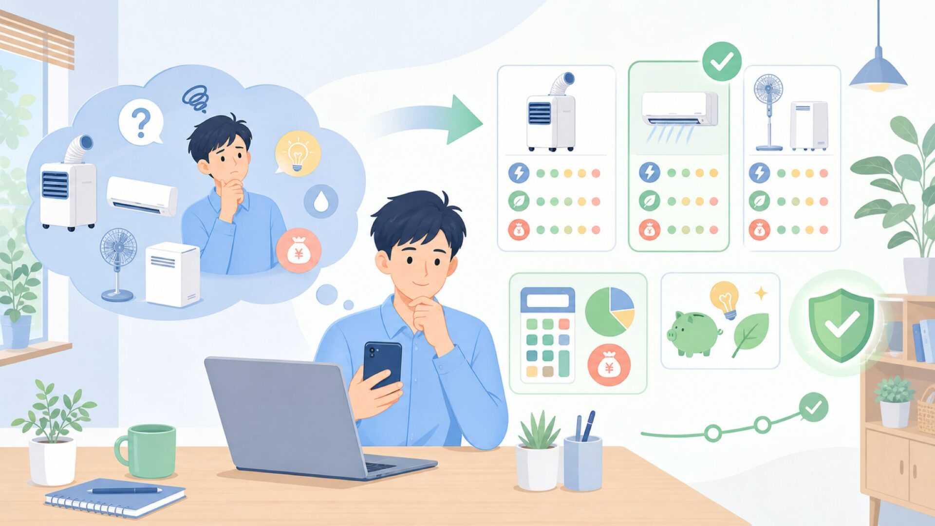 EUHOMYスポットクーラーの電気代は1日何円？運用コストを試算を表すイラスト