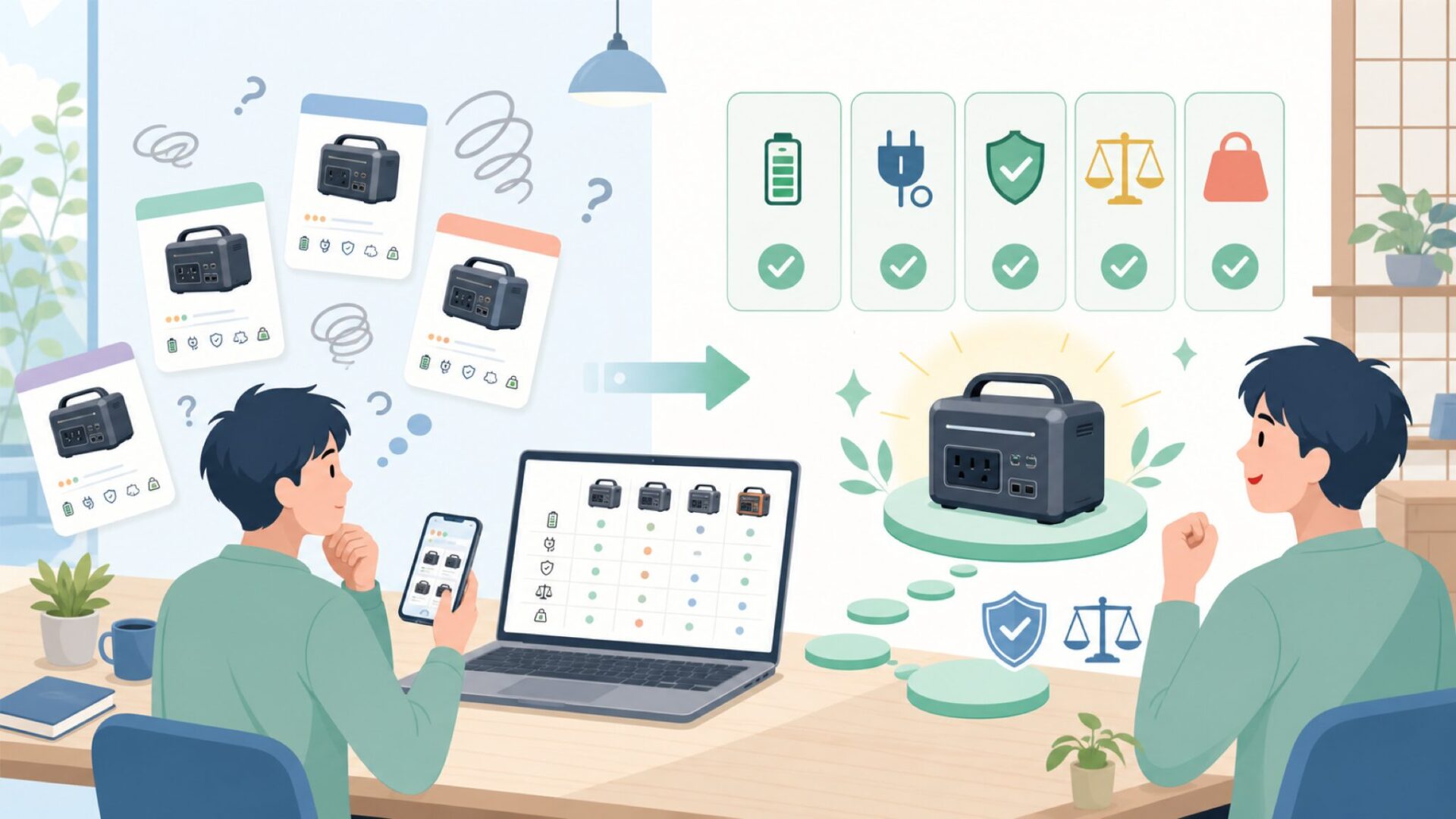 購入前に押さえたいポータブル電源の選び方5つの判断軸を表すイラスト