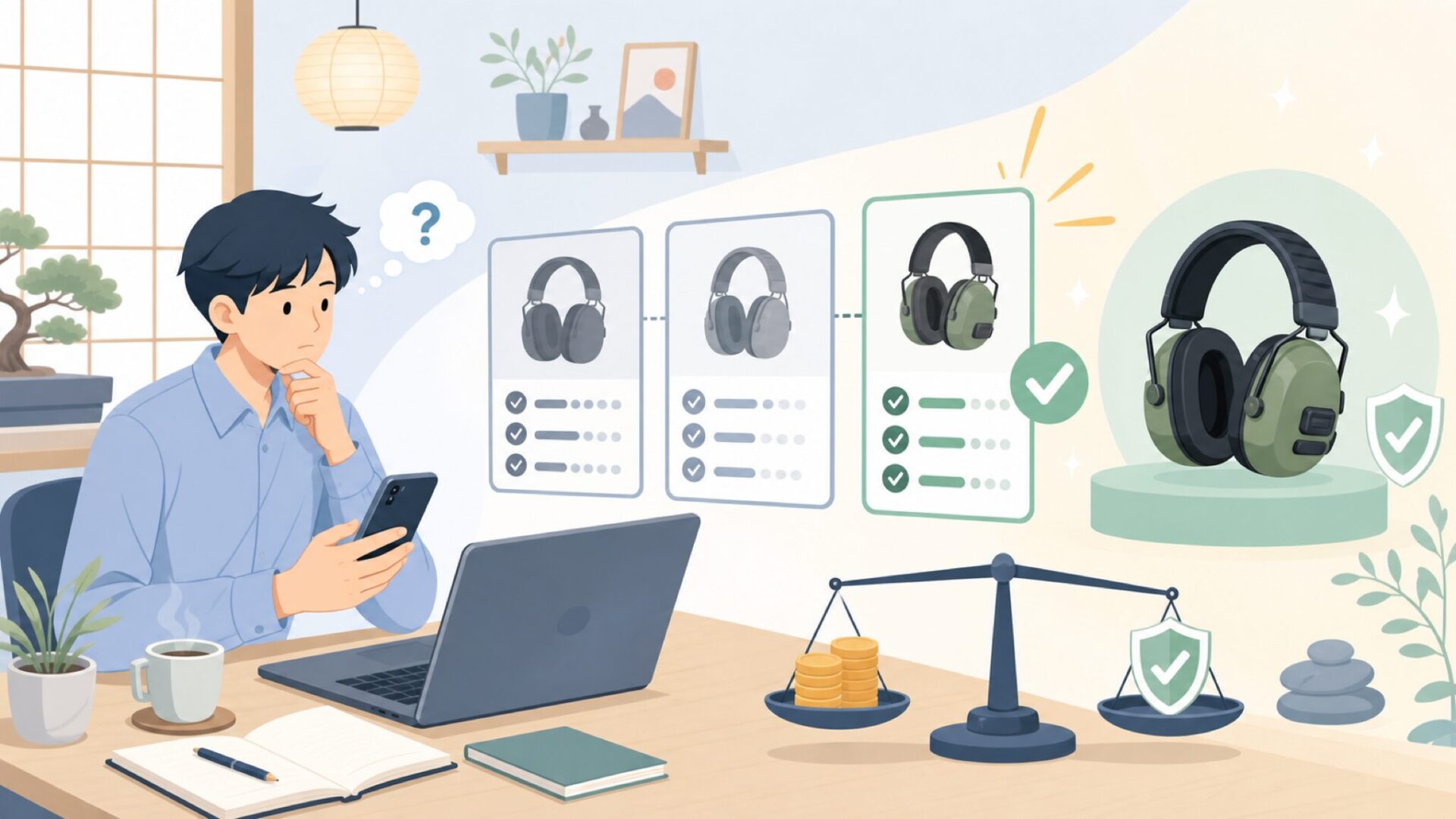 AWESAFE電子イヤーマフのスペックは価格に見合うかを表すイラスト