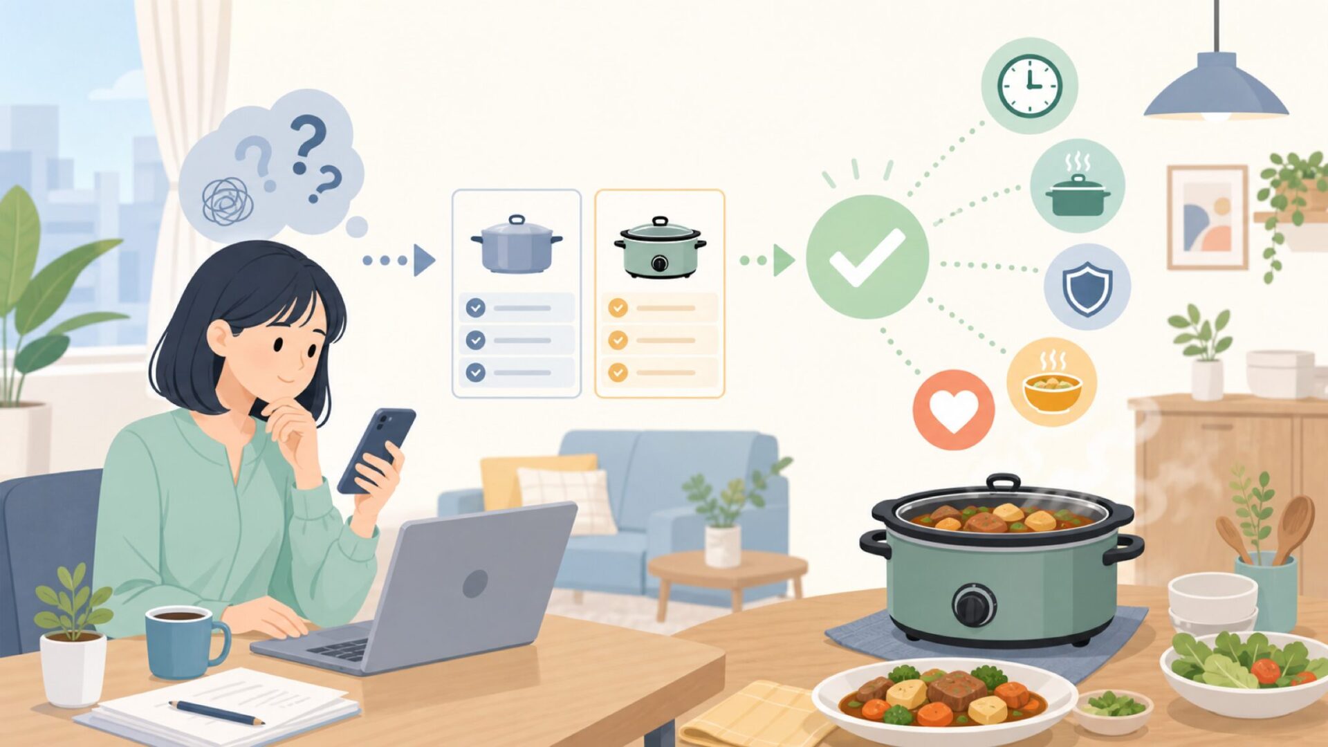 Crock-Potの仕組みと「ほったらかし調理」のメリットを表すイラスト
