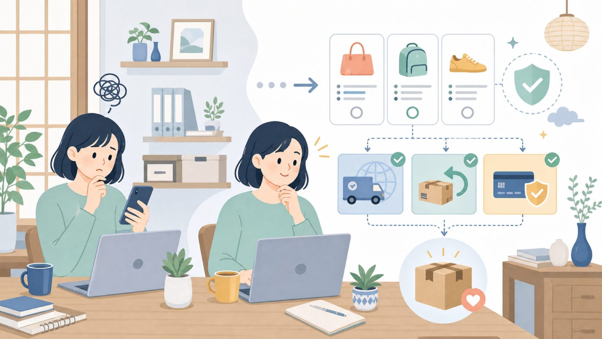 海外ブランドでも後悔しない買い方(配送・返品・決済)を表すイラスト