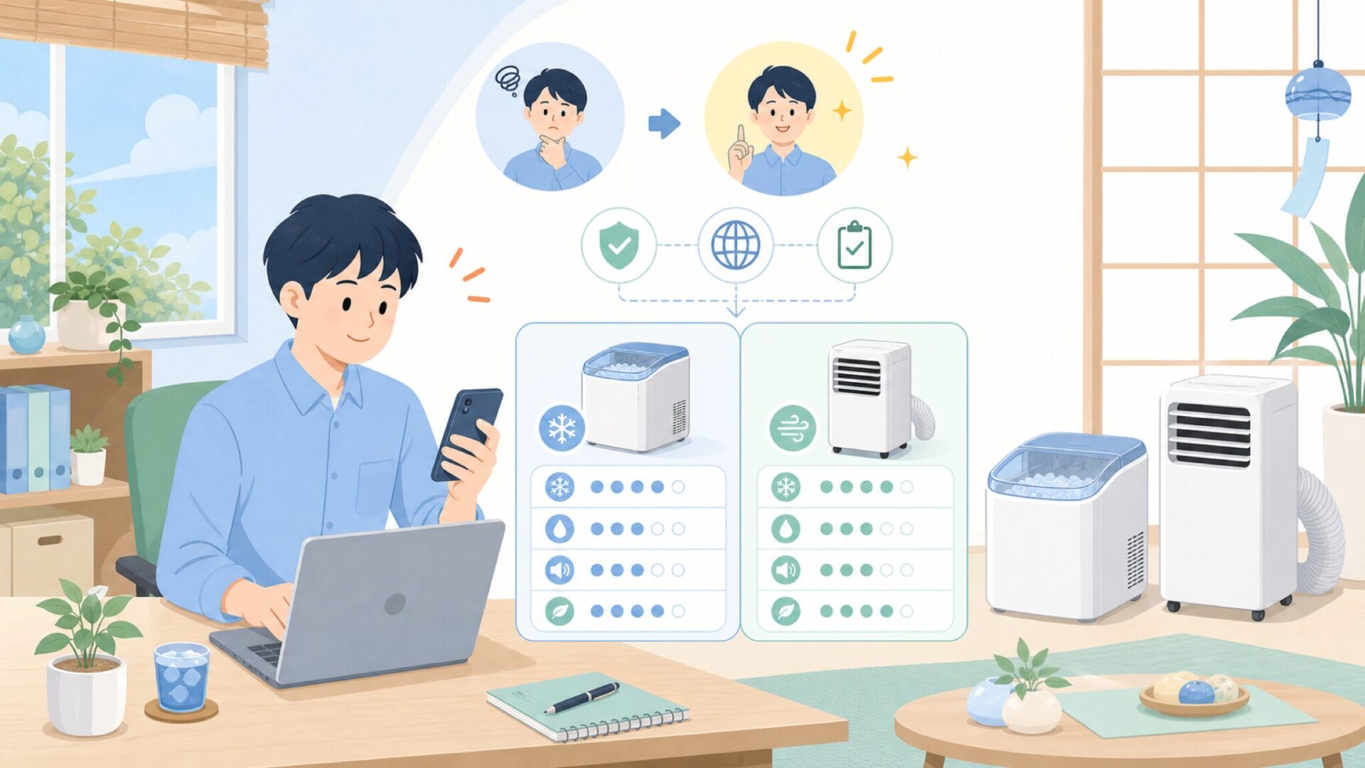 Joy Pebbleの主力製品の実力——製氷機・スポットエアコンを解説を表すイラスト
