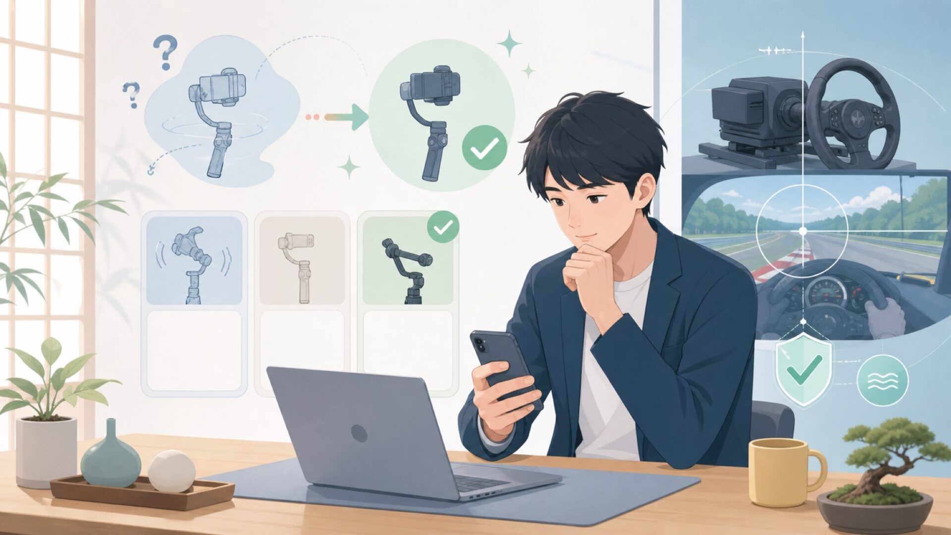 MOZAジンバルの実力── シムレーシングを支える精密技術の源流を表すイラスト