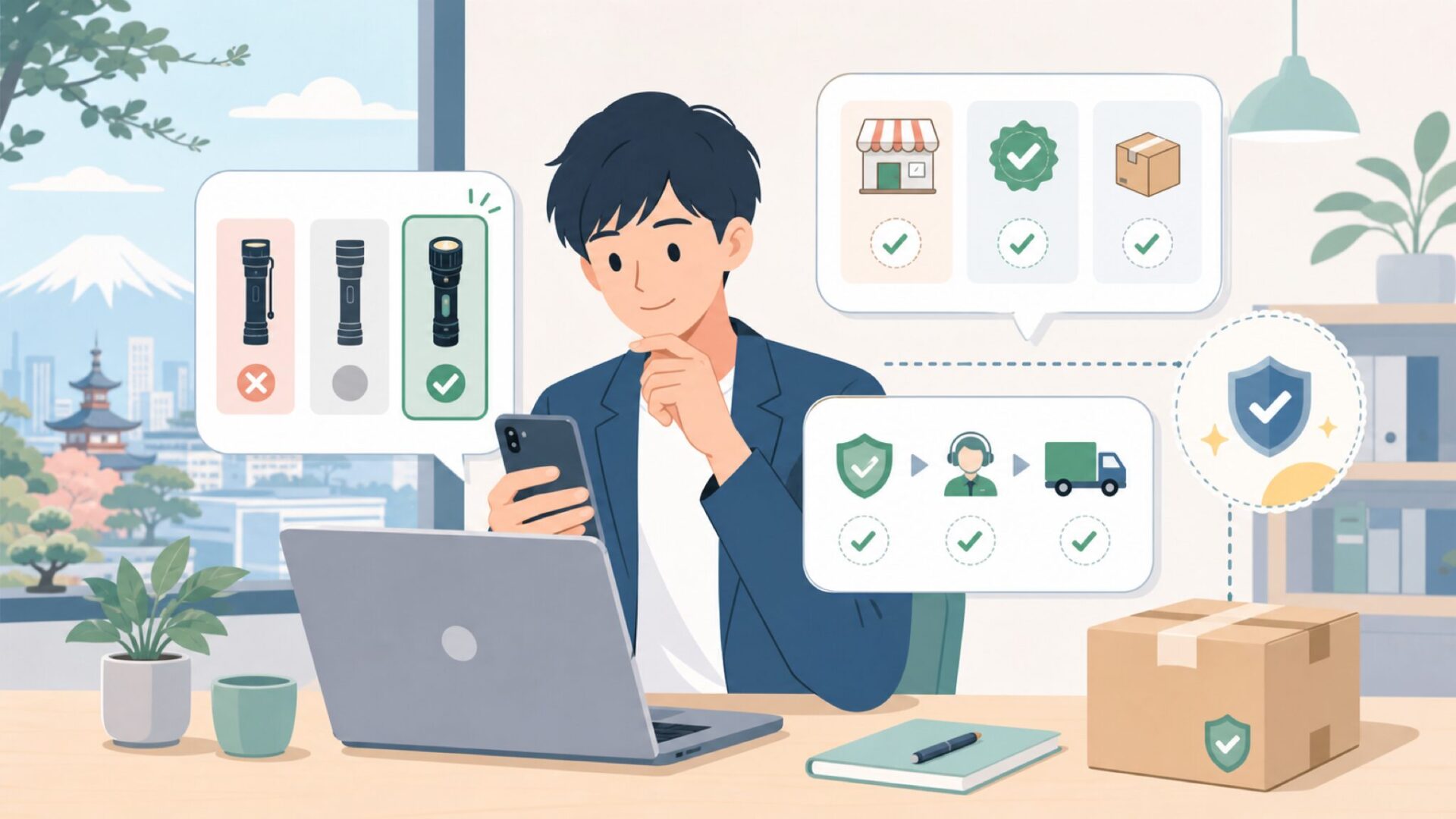 日本でAcebeamを安心して購入する方法を表すイラスト