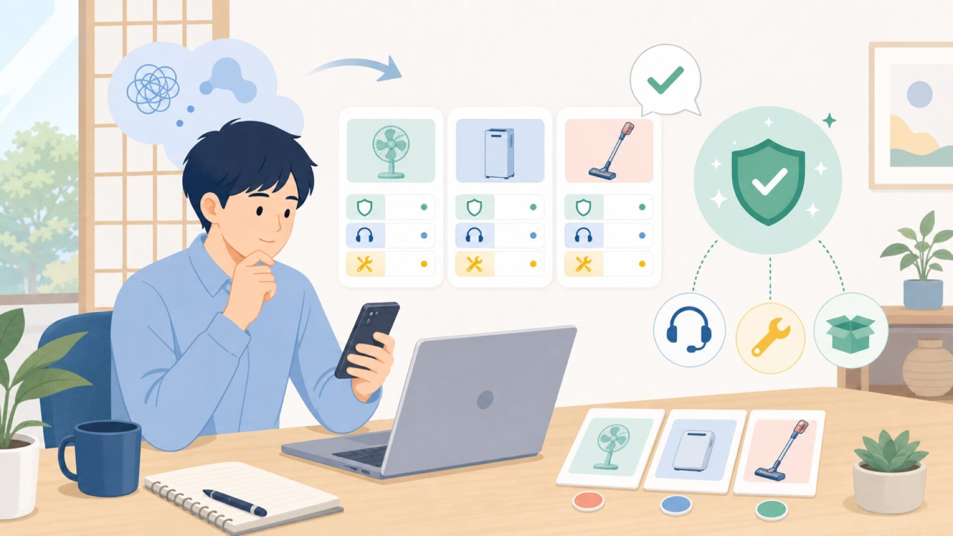 壊れたらどうなる?サポート・保証体制の実態を表すイラスト