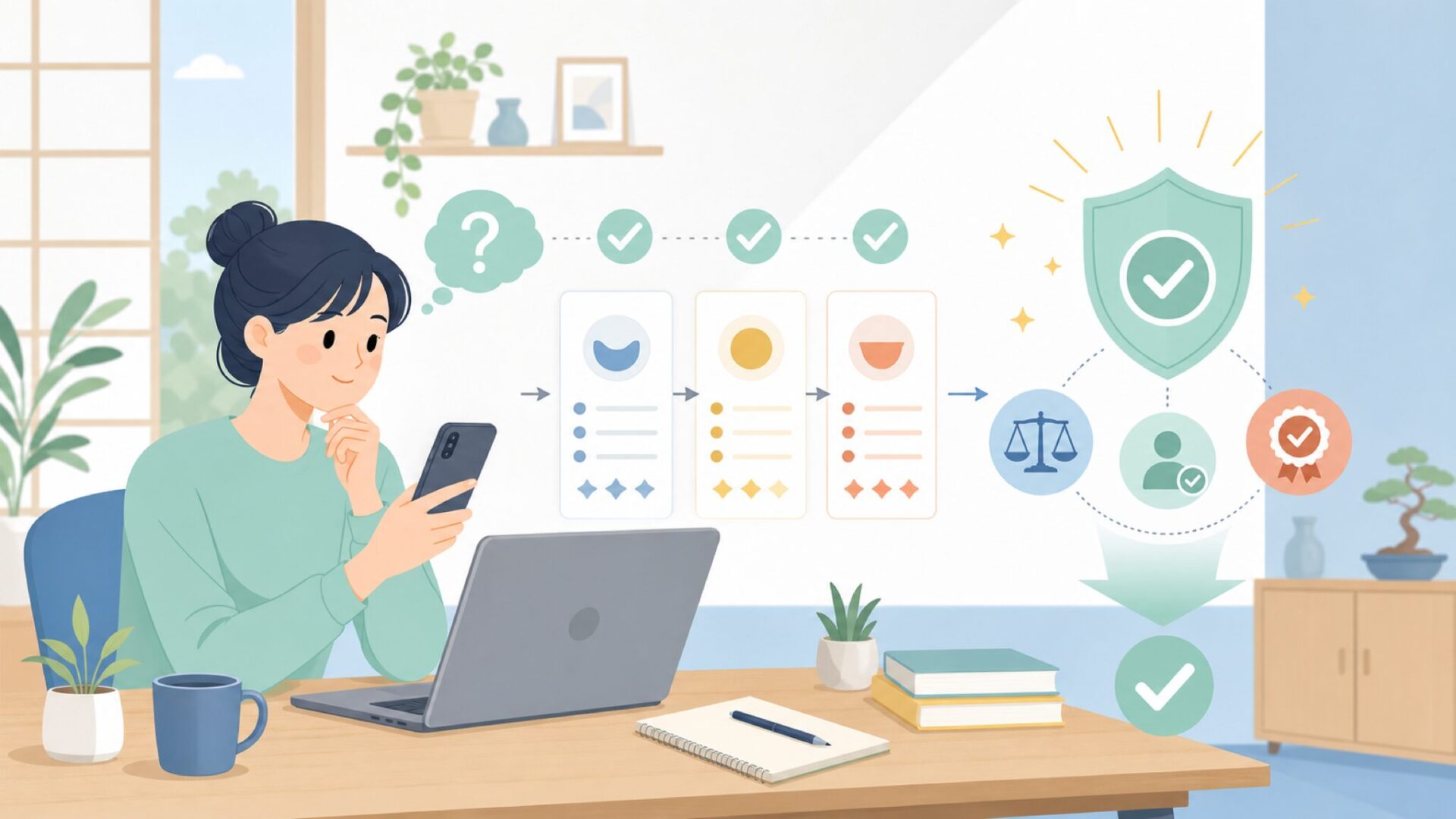 購入前の最終チェック：信頼できるブランドかの判断基準を表すイラスト