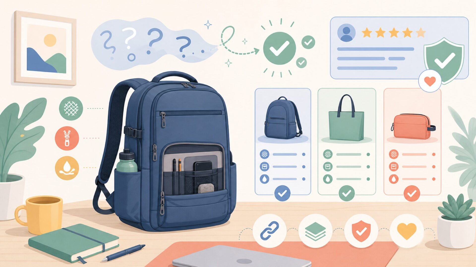 用途別BAGSMARTおすすめ製品ガイドを表すイラスト