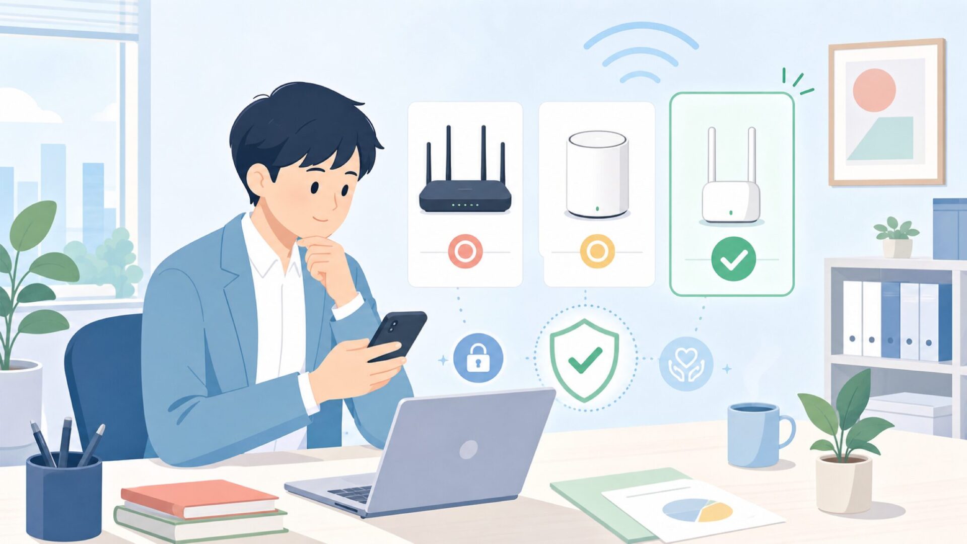 技適マーク付きの安全なWi-Fi機器を選ぶためにを表すイラスト