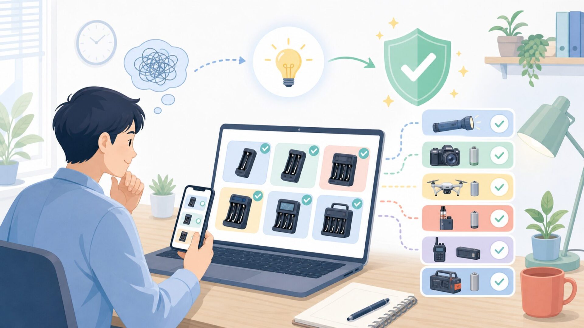 XTARのおすすめ充電器6選 — 用途別完全ガイドを表すイラスト