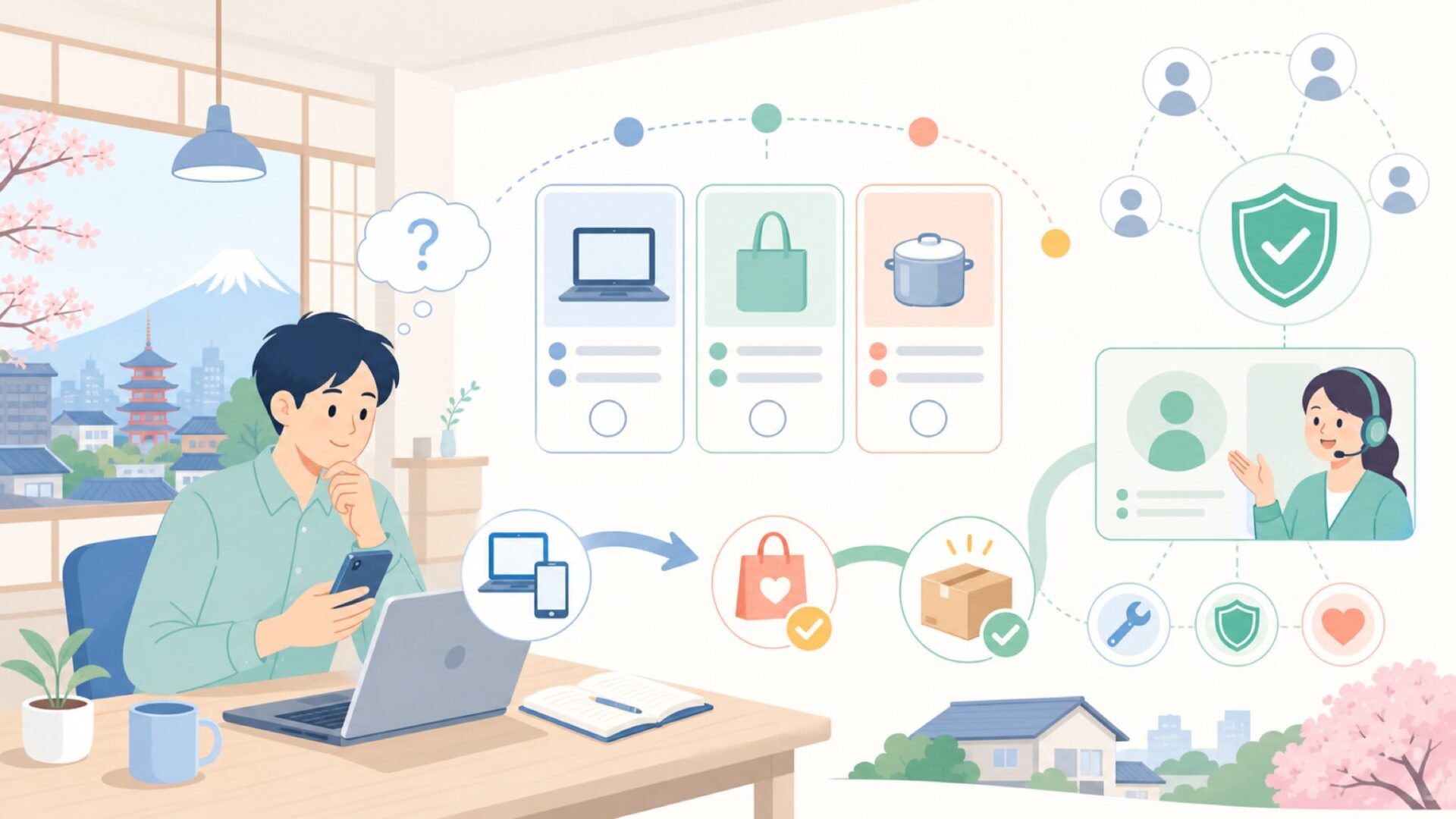日本での購入ルートと万一のサポート体制を表すイラスト