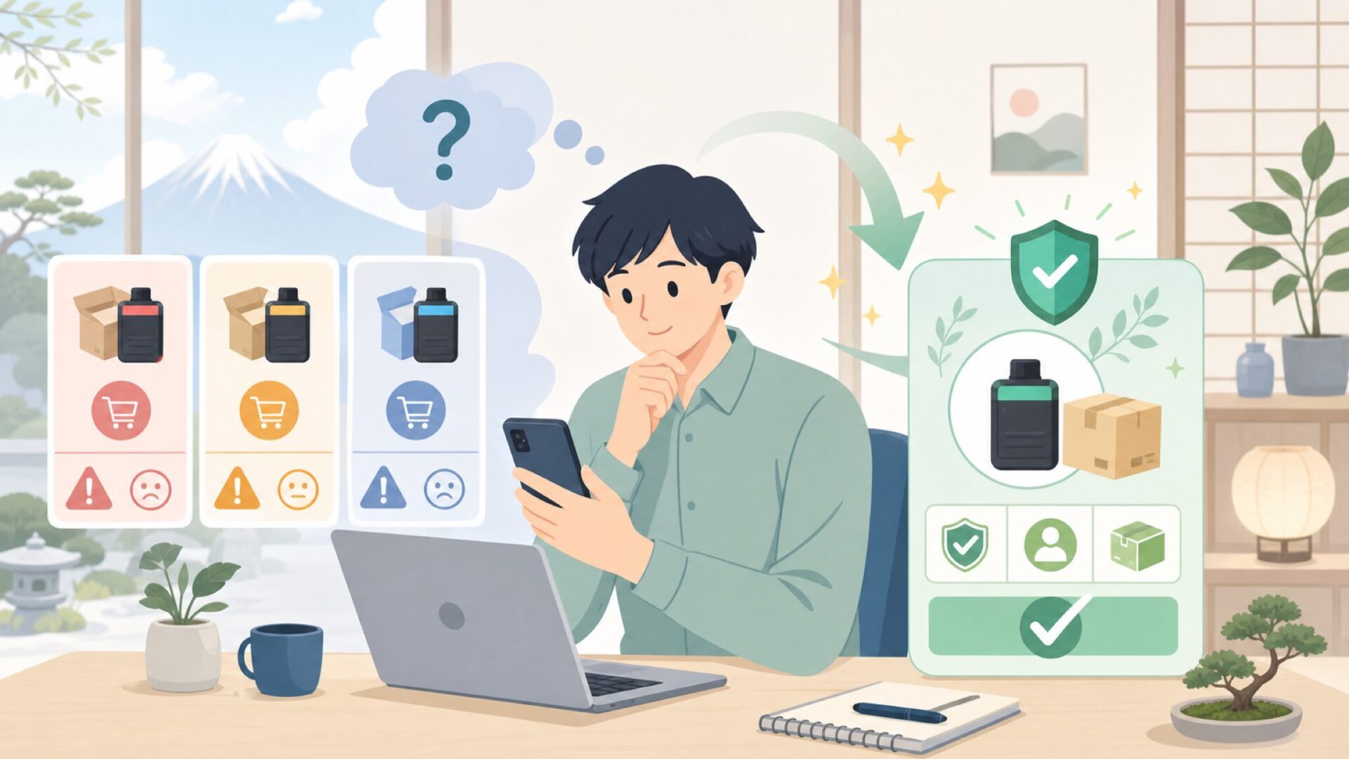 Thinkdiagを日本で安全に購入する方法を表すイラスト