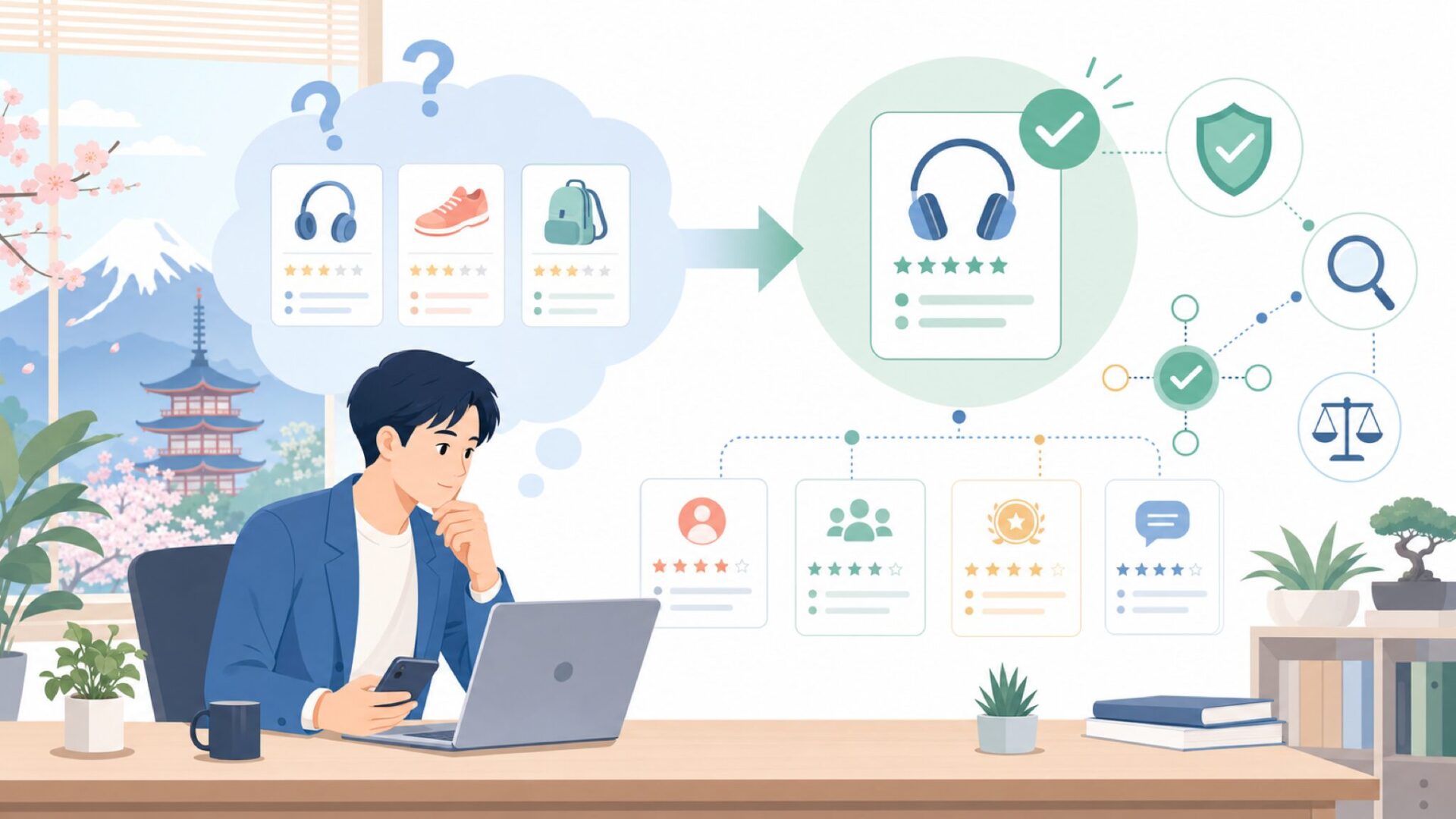 レビューは信頼できるのか？購入者の声を多角的に検証するを表すイラスト