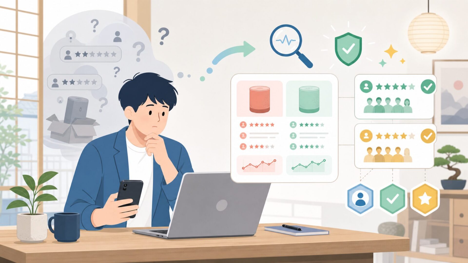 VEEKTOMXのAmazon評価とサクラチェックの結果を表すイラスト