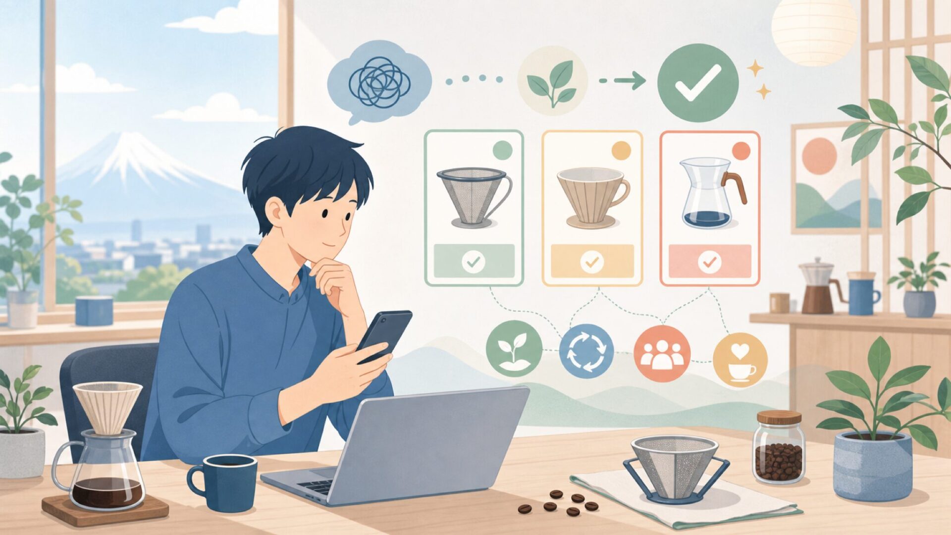 CAFECが向き合うコーヒーの未来 ─ 環境配慮と文化の広がりを表すイラスト