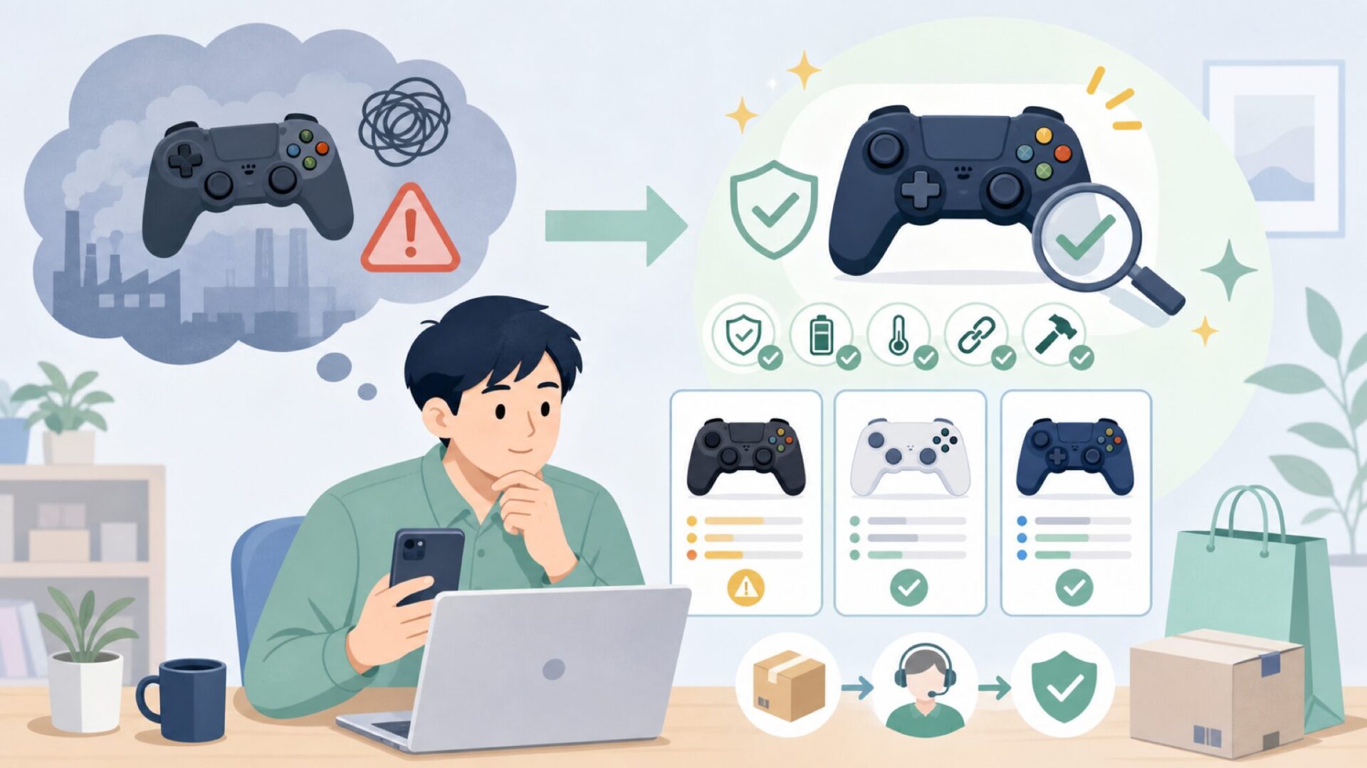 中国製ゲームコントローラーのリスクと見極め方を表すイラスト