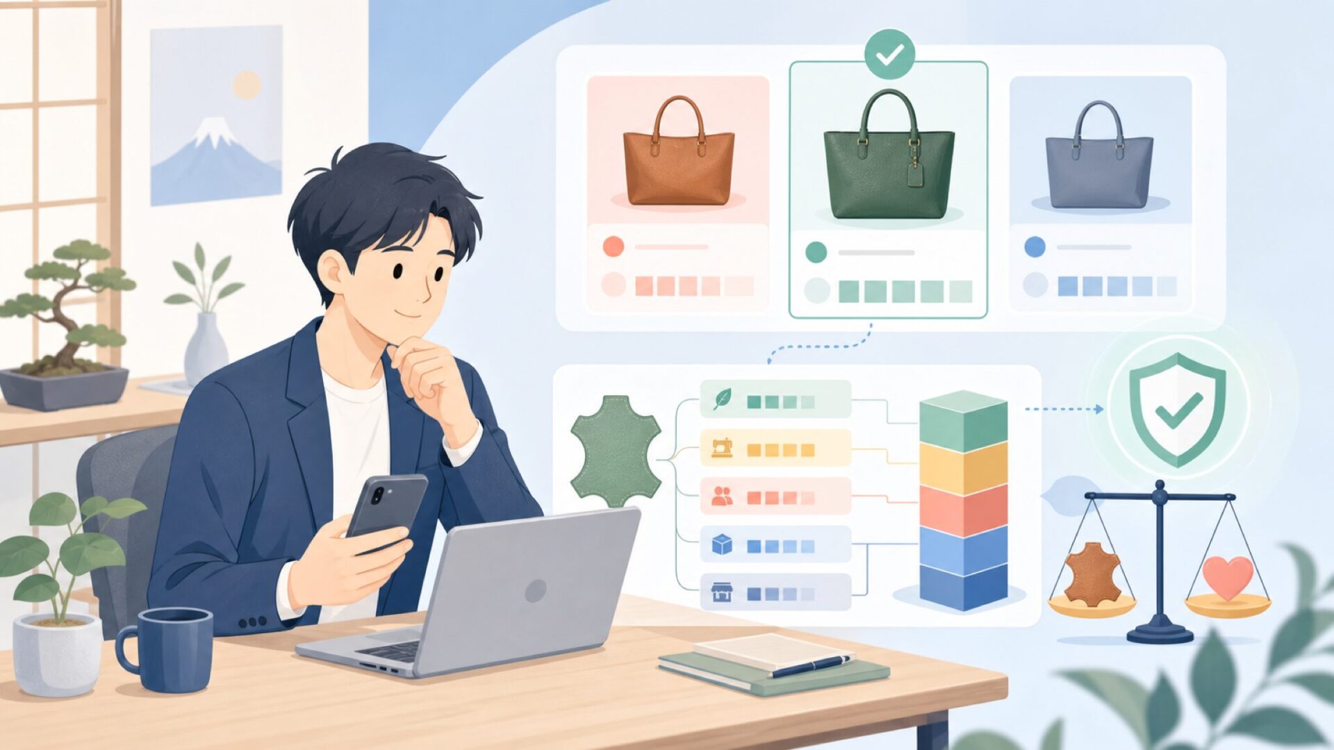 本革なのになぜ安い？BOSTANTENの価格設計の仕組みを表すイラスト