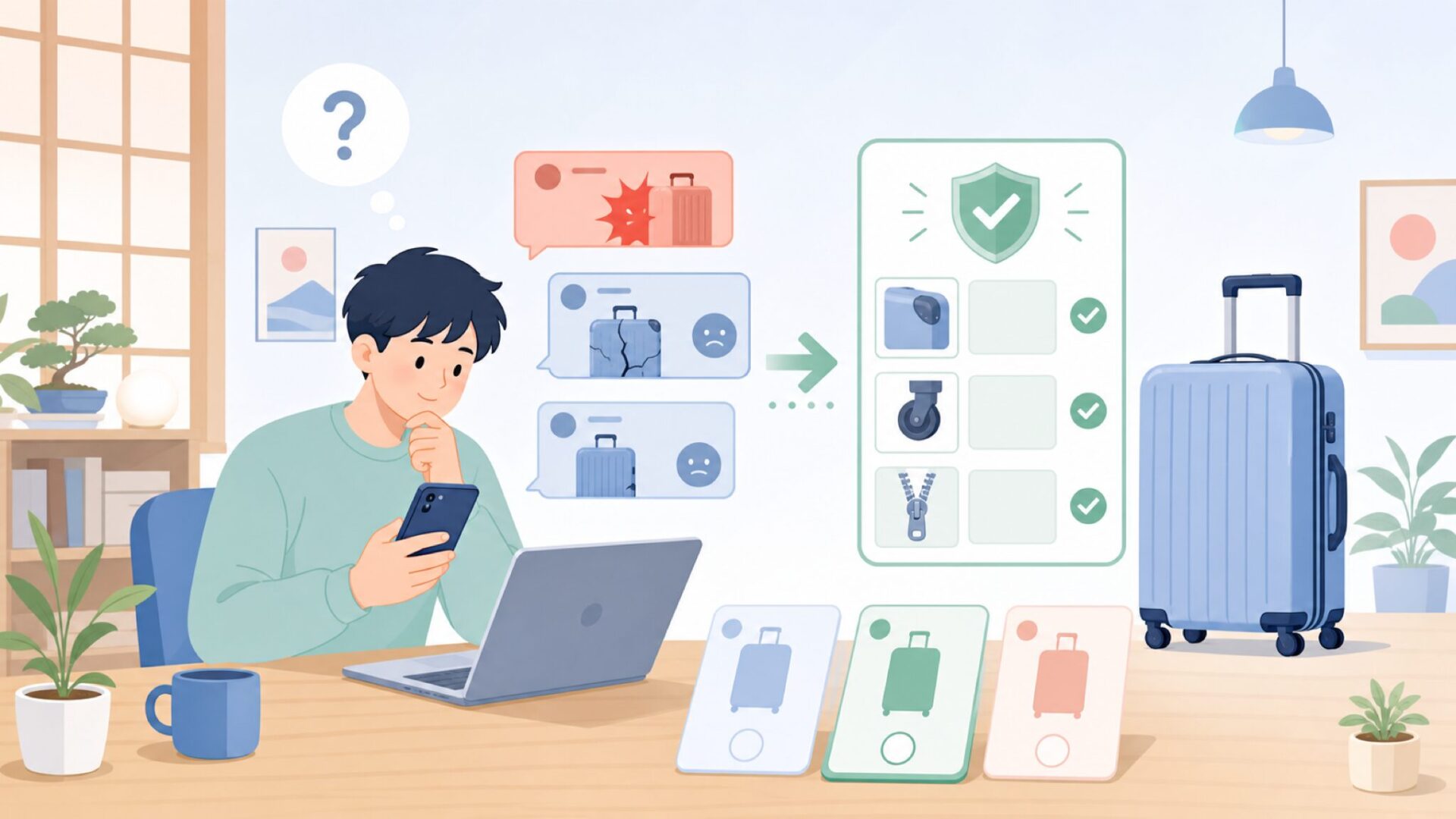 ACEスーツケースは本当に壊れやすいのか評判を検証を表すイラスト