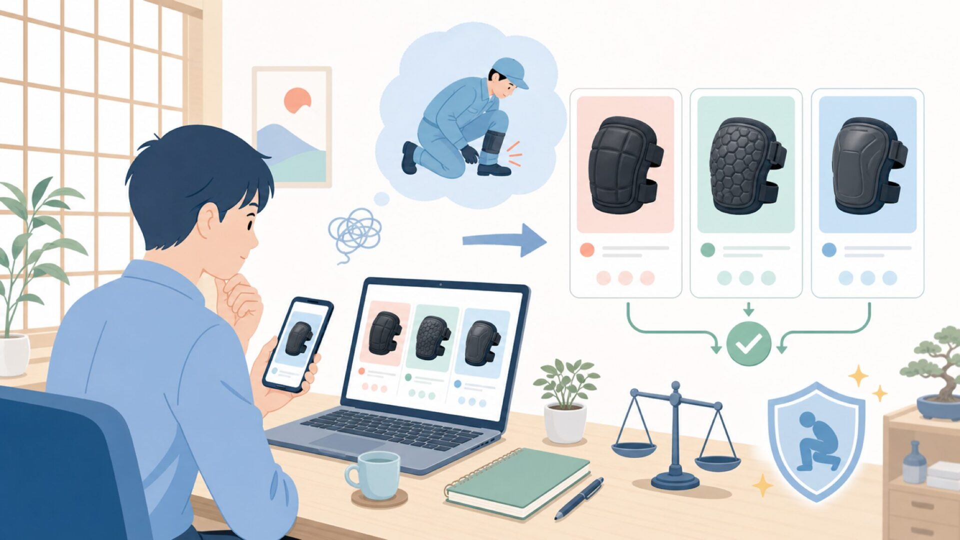 看板アイテム①プロの膝を守る膝当て(KP-300・KP-314・KP-302)を表すイラスト