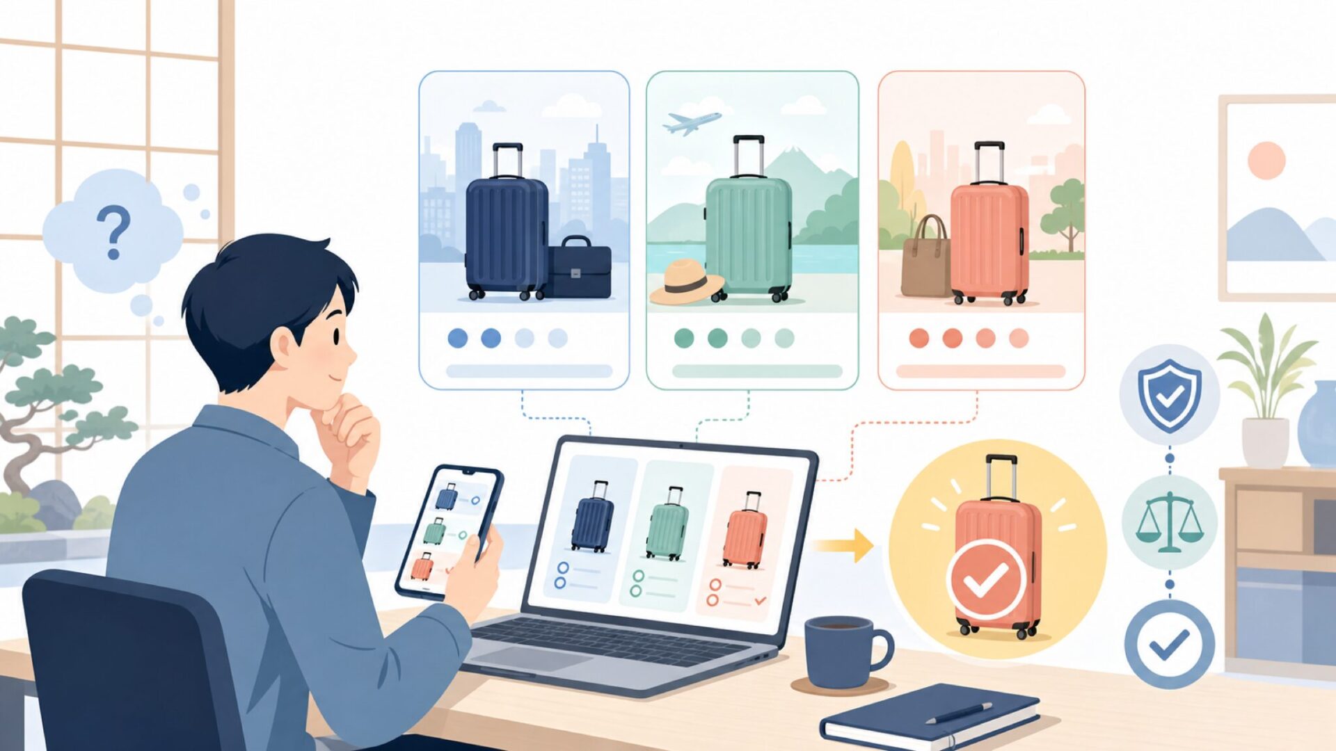 Travelproの主要シリーズを用途別に徹底比較を表すイラスト