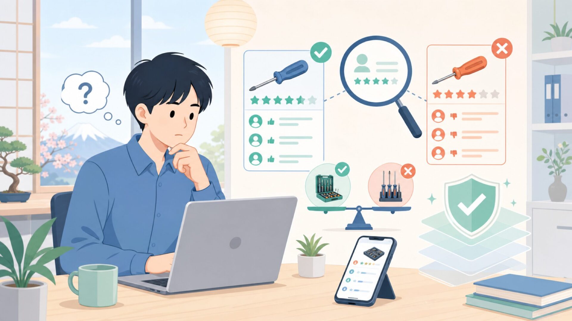 Jakemyの評判・口コミは本物？サクラレビューの見分け方を表すイラスト